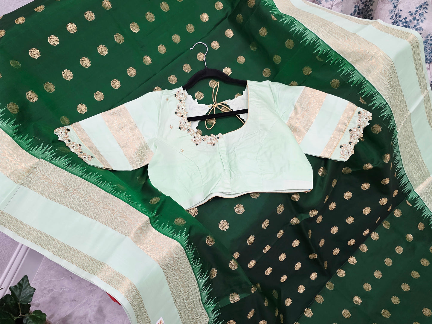 Emerald Green Pure Kanchi Soft Silk Saree with Mint Gold Maggam Blouse