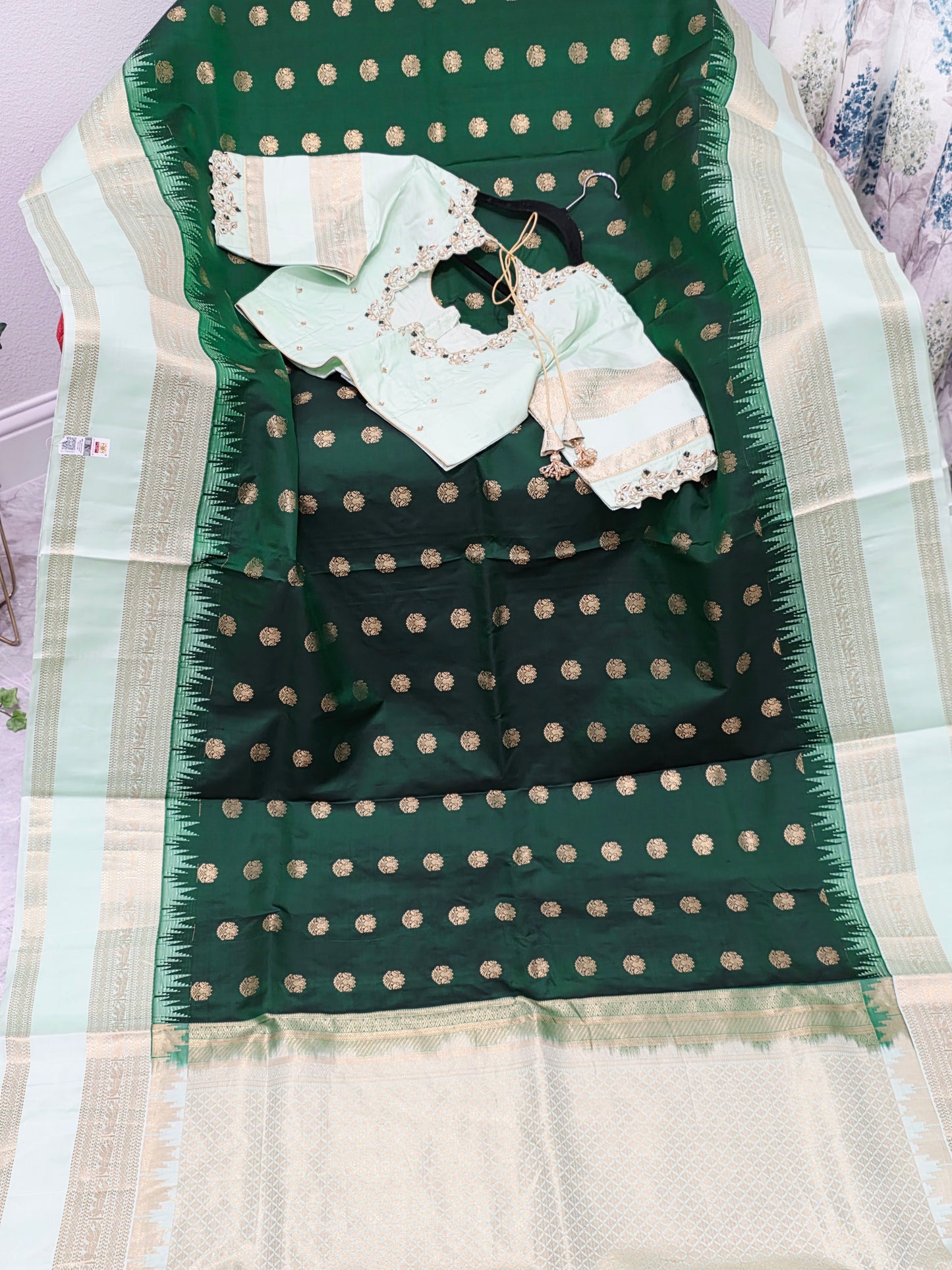 Emerald Green Pure Kanchi Soft Silk Saree with Mint Gold Maggam Blouse