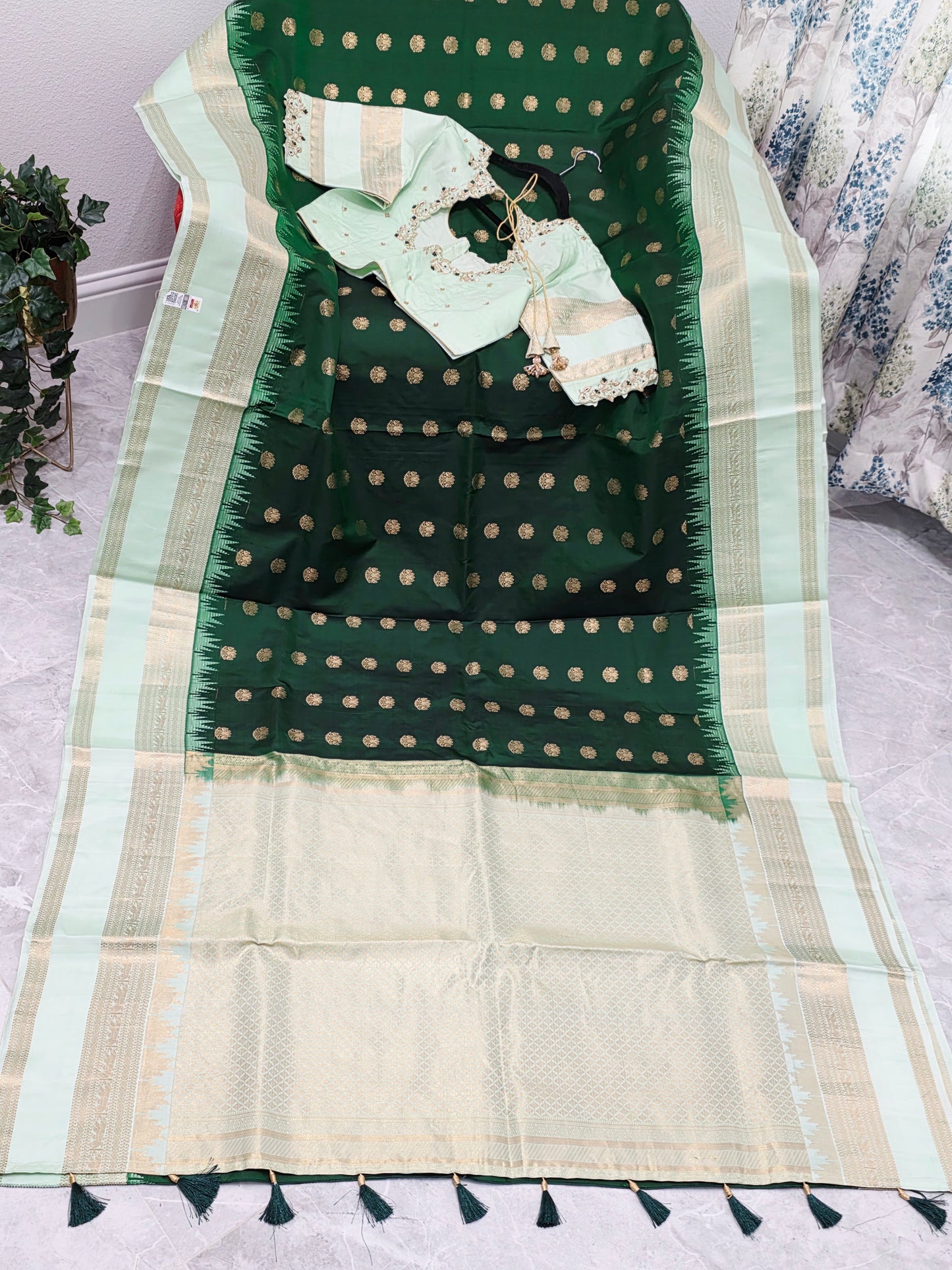Emerald Green Pure Kanchi Soft Silk Saree with Mint Gold Maggam Blouse