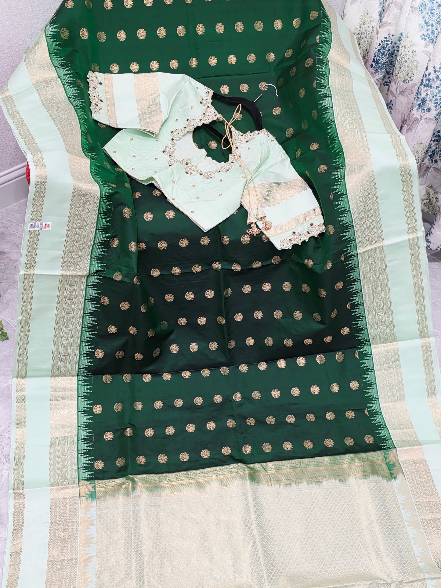 Emerald Green Pure Kanchi Soft Silk Saree with Mint Gold Maggam Blouse