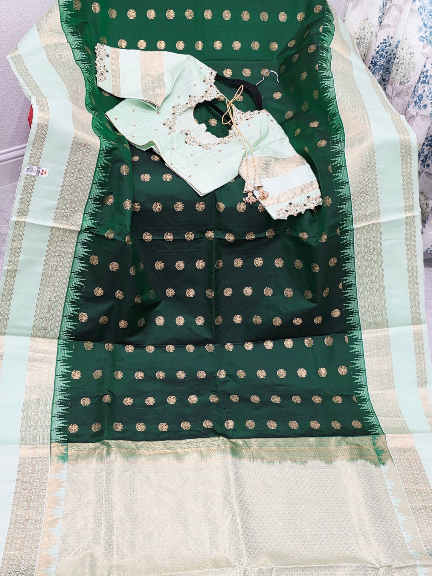 Emerald Green Pure Kanchi Soft Silk Saree with Mint Gold Maggam Blouse