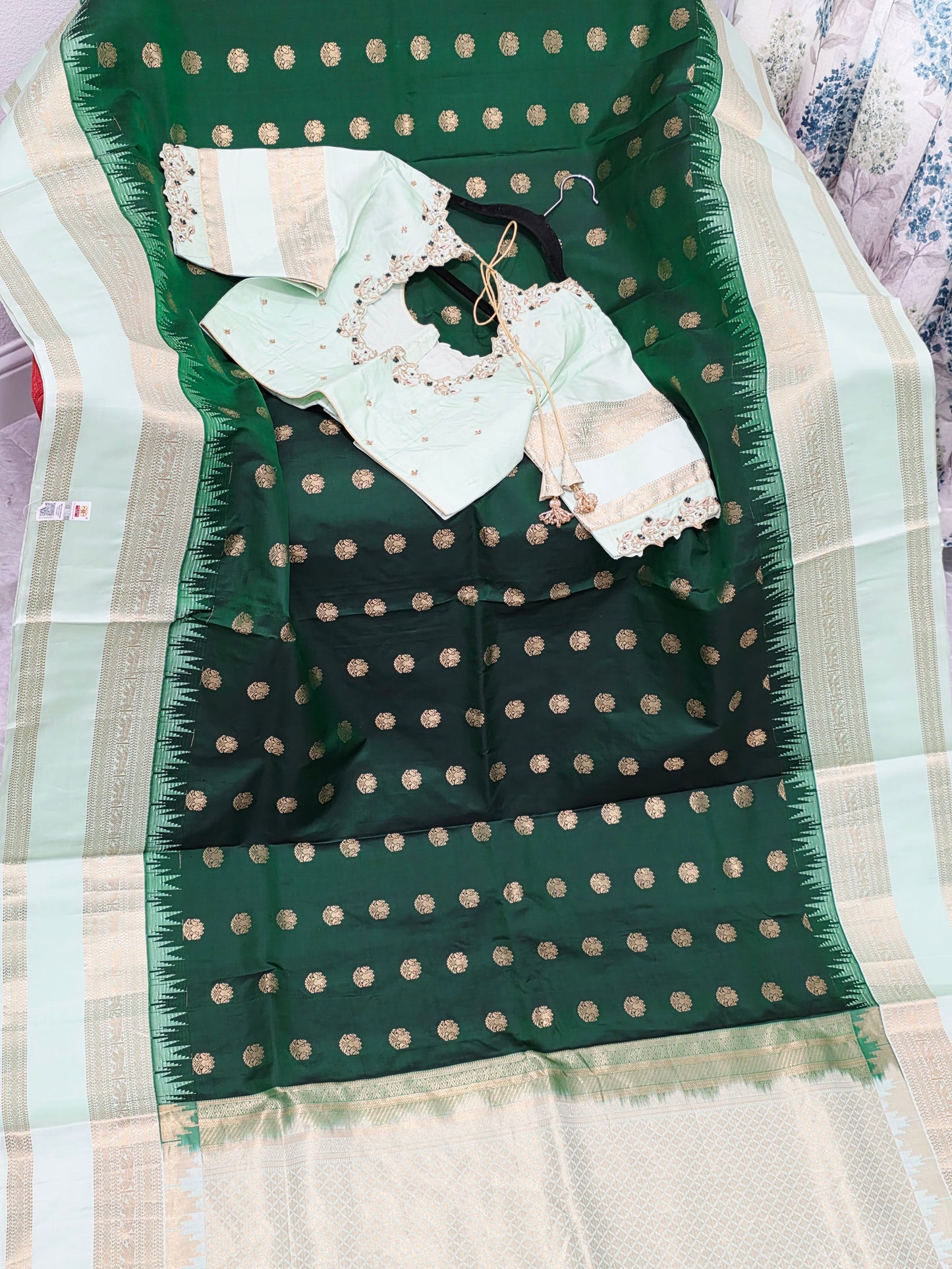 Emerald Green Pure Kanchi Soft Silk Saree with Mint Gold Maggam Blouse