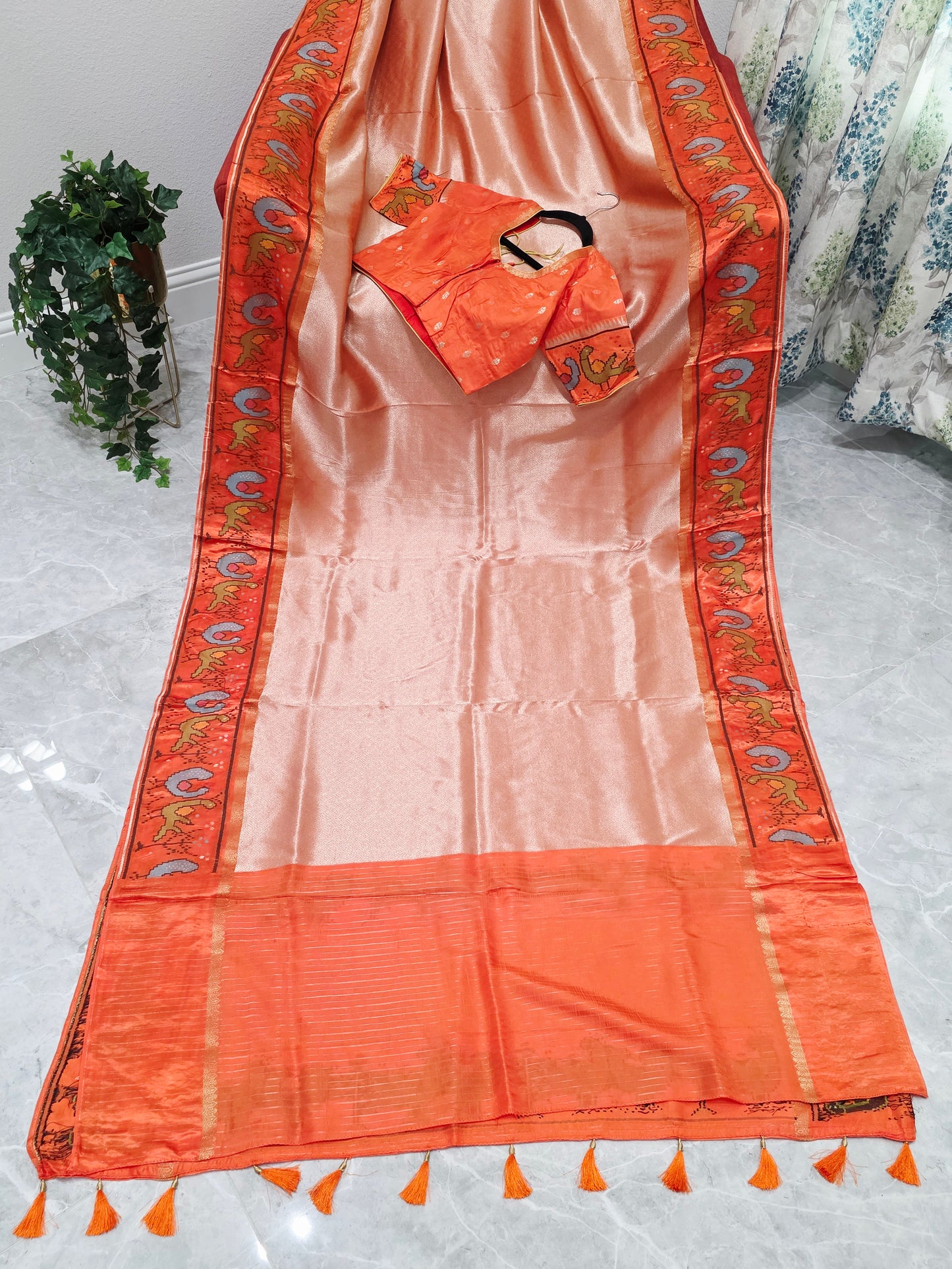 Peach Orange Tissue Brocade Silk Saree with Stitched Blouse