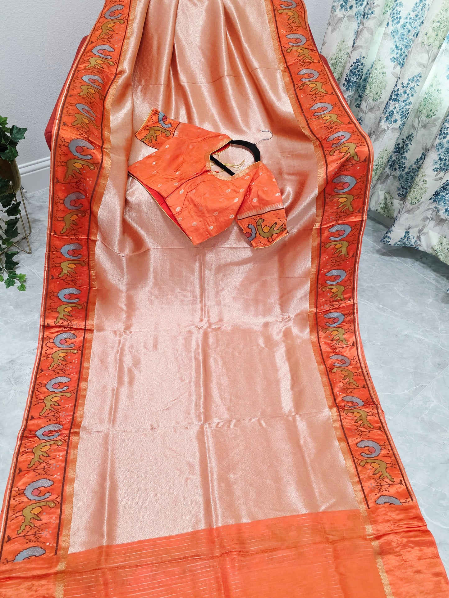 Peach Orange Tissue Brocade Silk Saree with Stitched Blouse