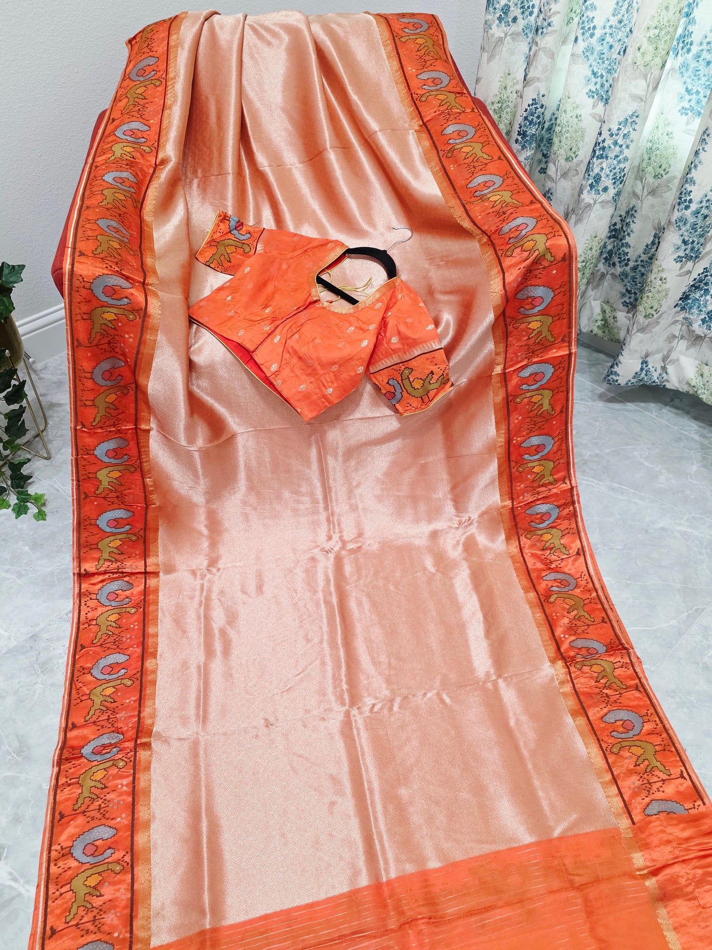 Peach Orange Tissue Brocade Silk Saree with Stitched Blouse
