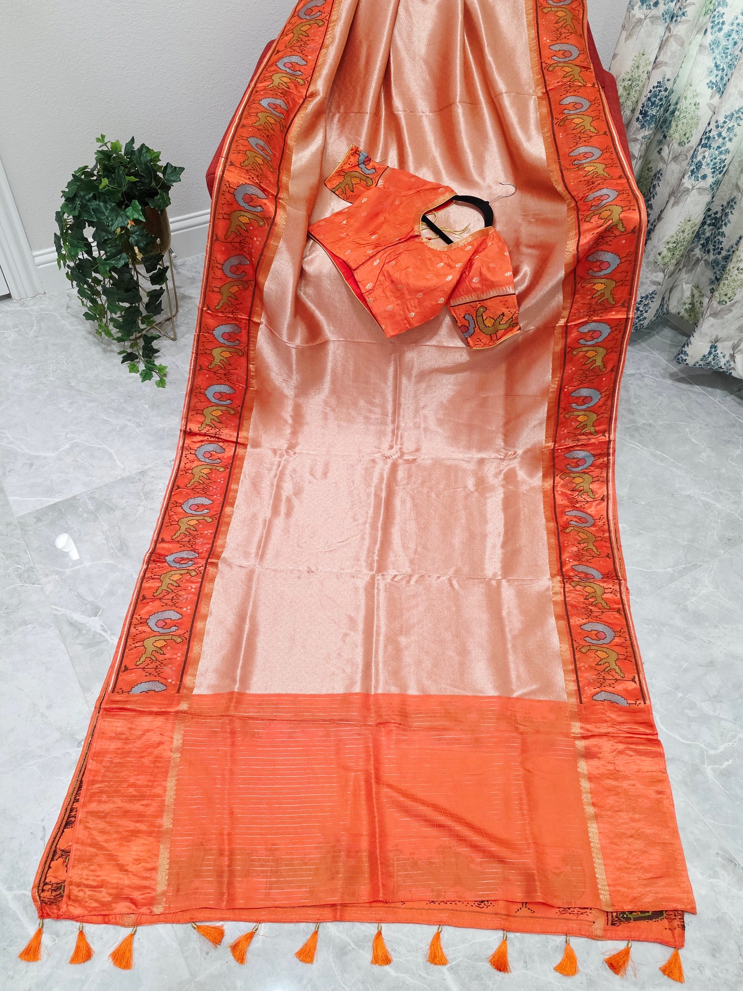 Peach Orange Tissue Brocade Silk Saree with Stitched Blouse