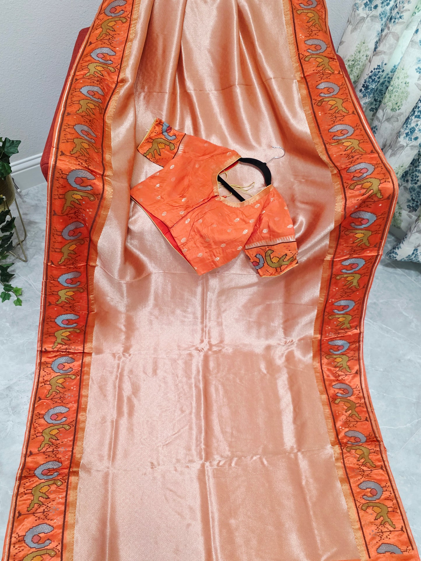 Peach Orange Tissue Brocade Silk Saree with Stitched Blouse