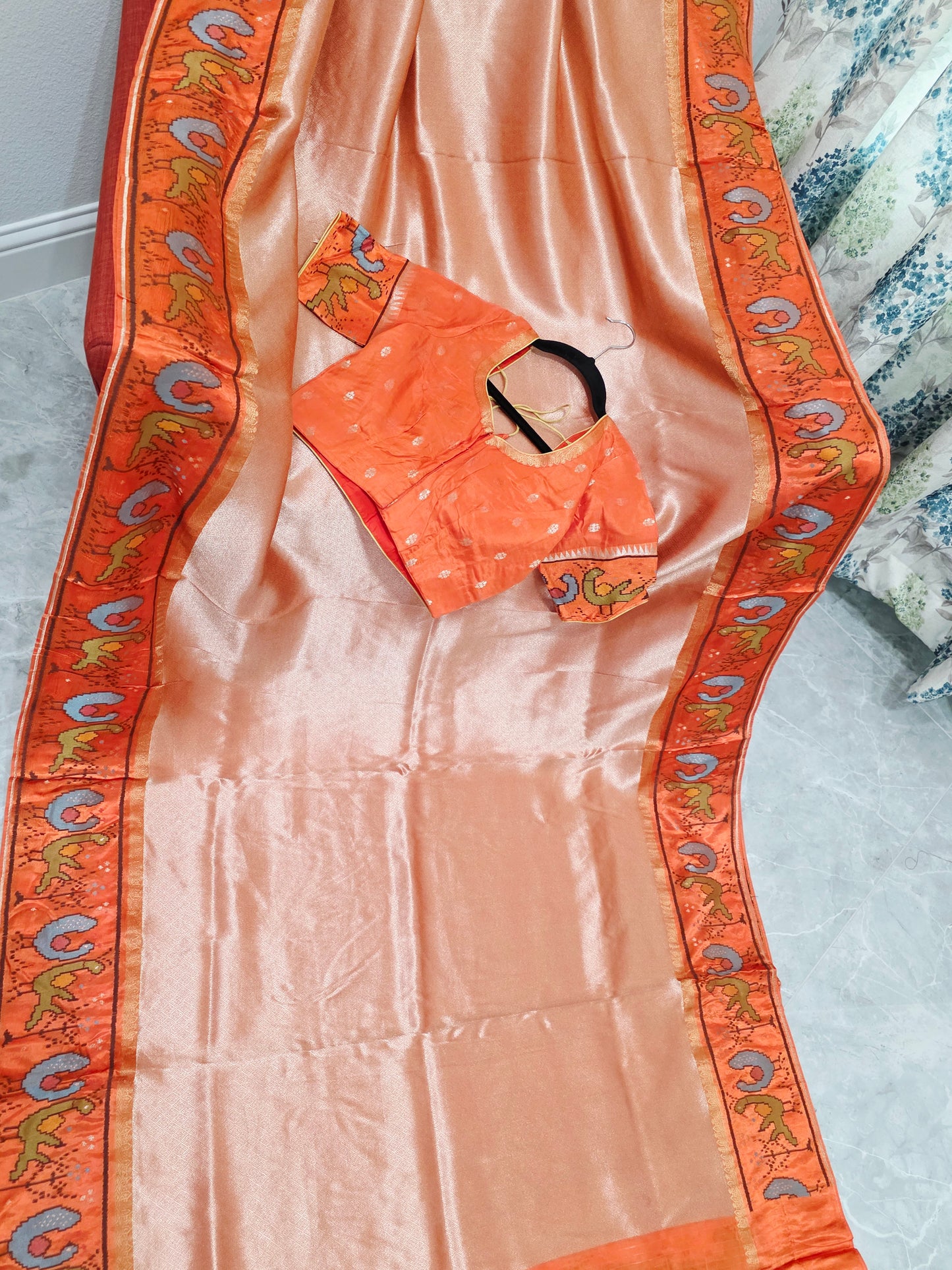 Peach Orange Tissue Brocade Silk Saree with Stitched Blouse