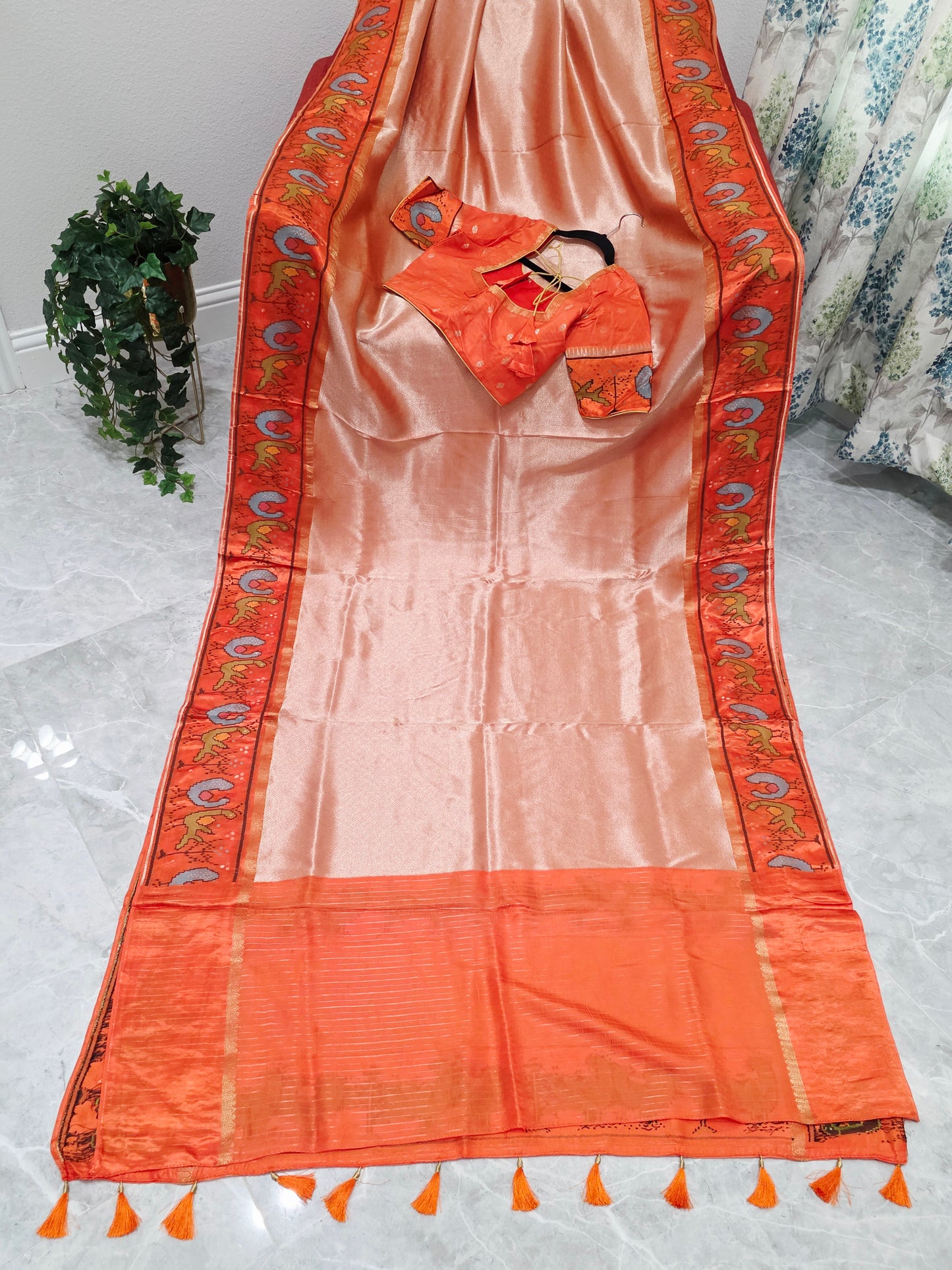 Peach Orange Tissue Brocade Silk Saree with Stitched Blouse