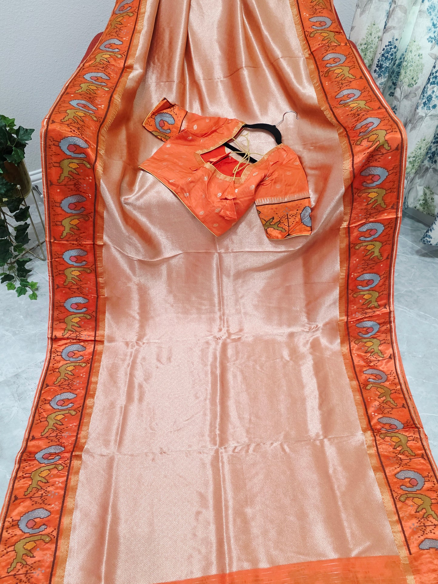 Peach Orange Tissue Brocade Silk Saree with Stitched Blouse