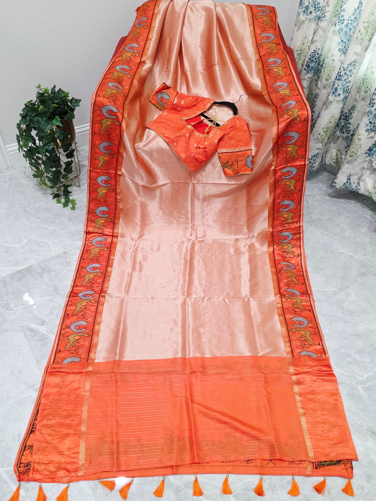 Peach Orange Tissue Brocade Silk Saree with Stitched Blouse