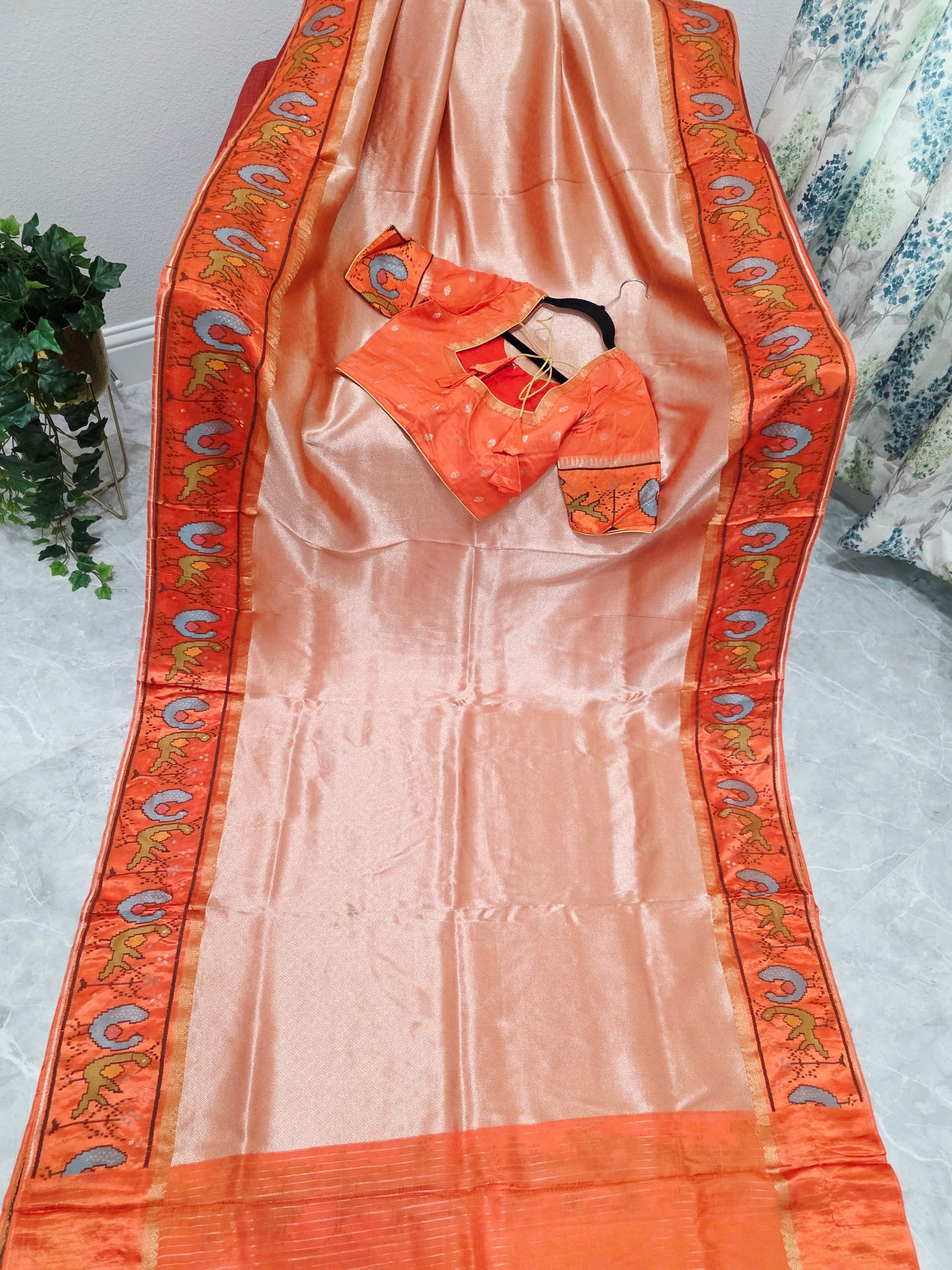 Peach Orange Tissue Brocade Silk Saree with Stitched Blouse