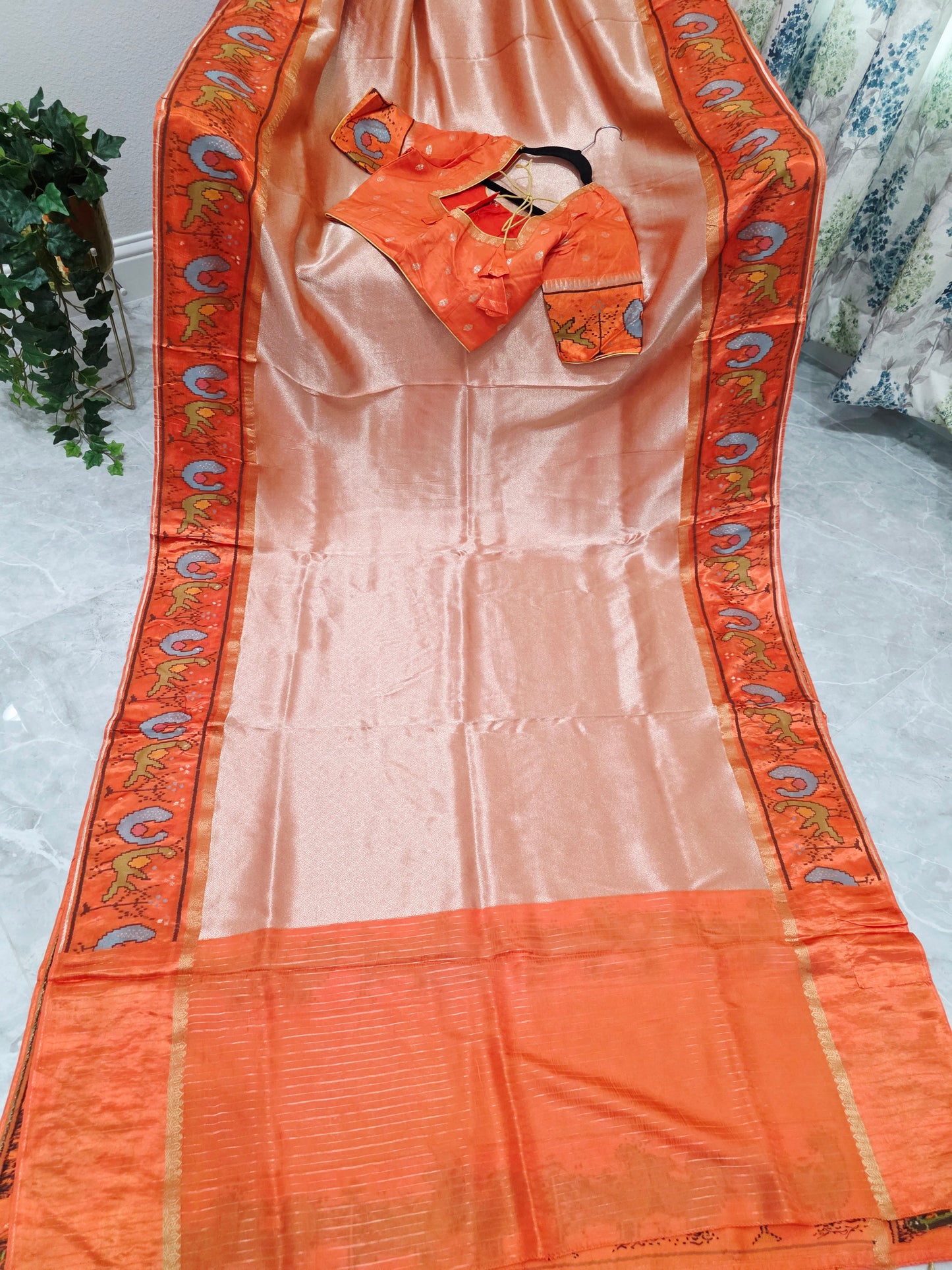 Peach Orange Tissue Brocade Silk Saree with Stitched Blouse