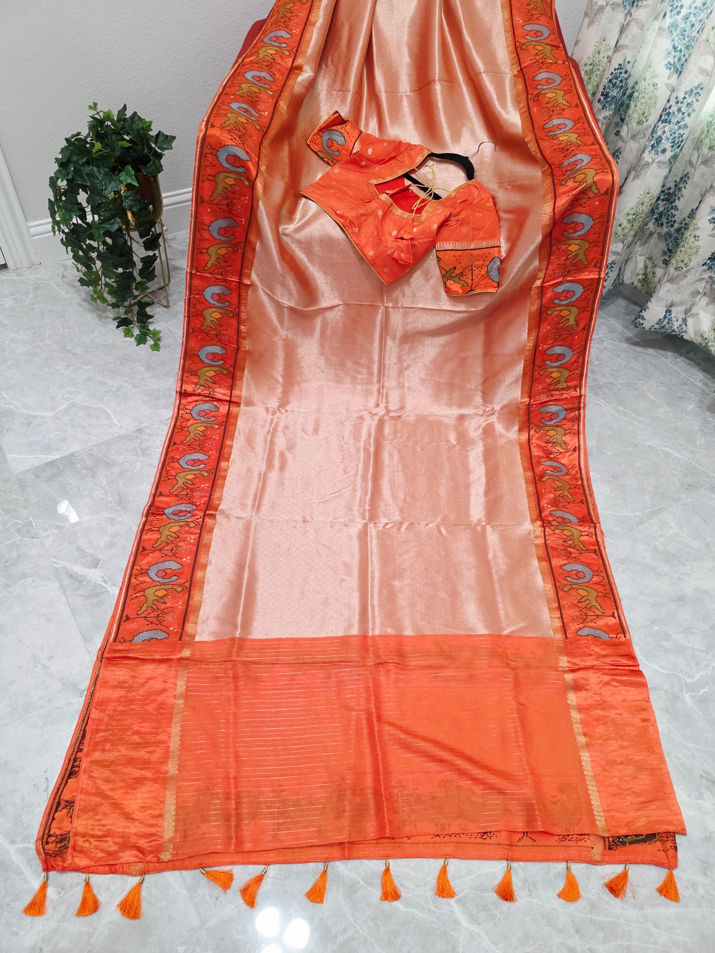 Peach Orange Tissue Brocade Silk Saree with Stitched Blouse