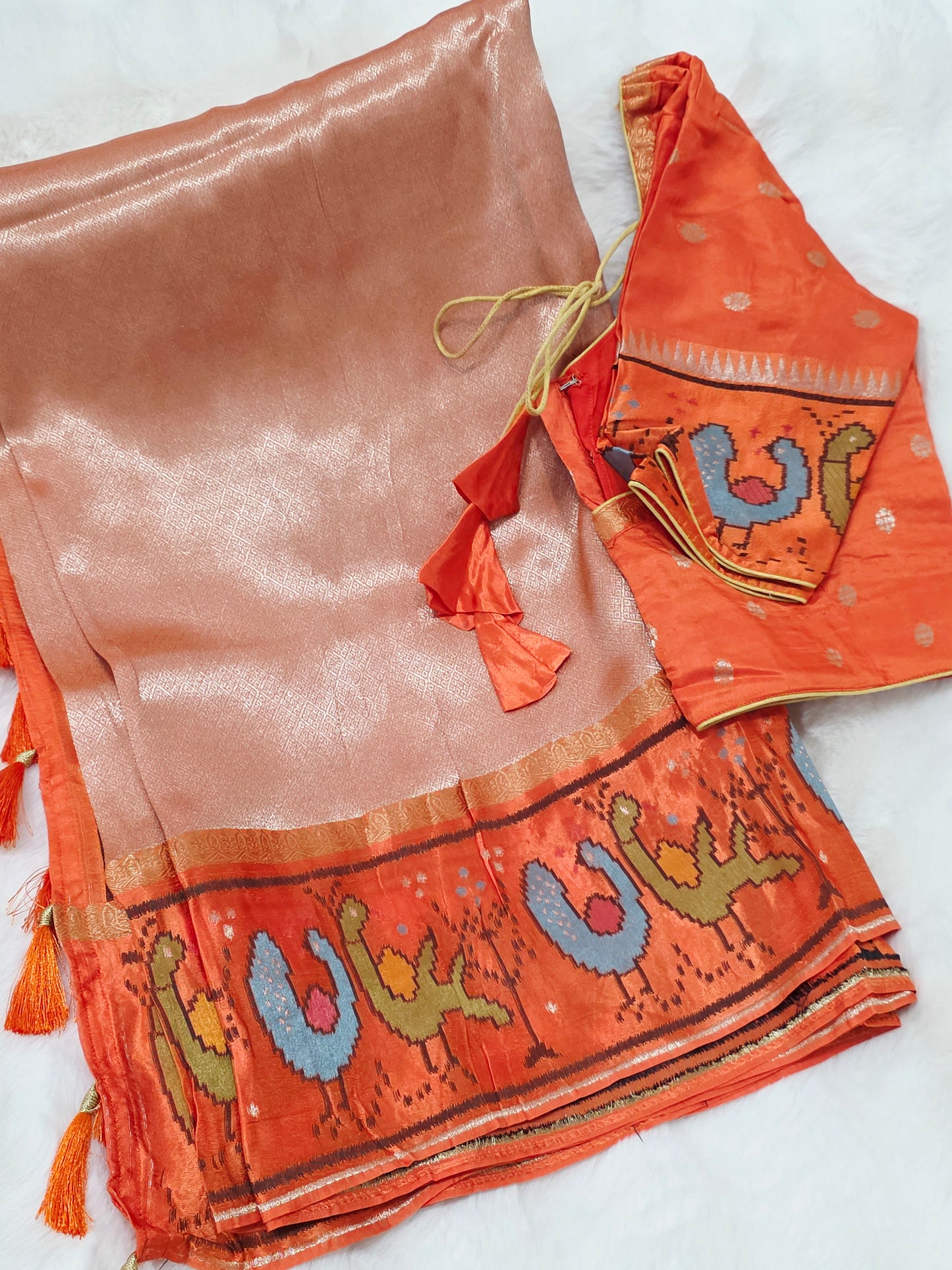 Peach Orange Tissue Brocade Silk Saree with Stitched Blouse