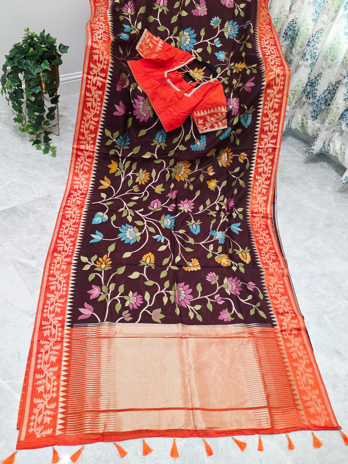 Chocolate Espresso & Rustic Coral Jamdani Weave Maheswari Silk Style Saree with Ready Blouse