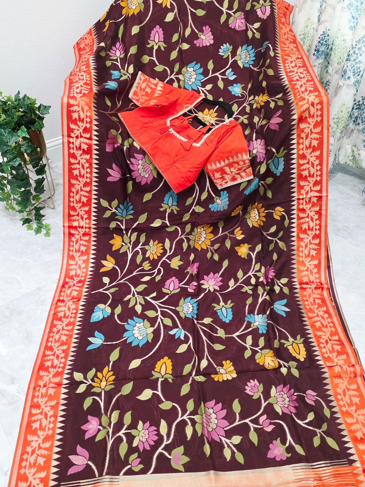 Chocolate Espresso & Rustic Coral Jamdani Weave Maheswari Silk Style Saree with Ready Blouse