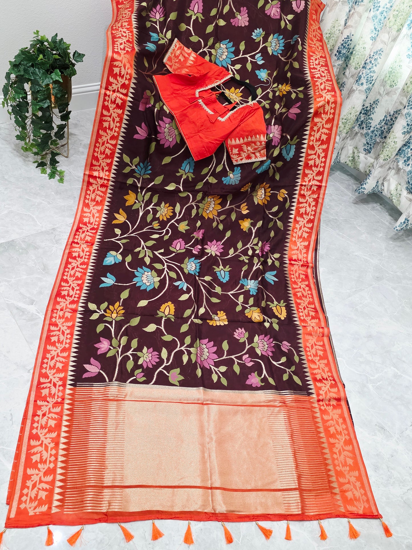 Chocolate Espresso & Rustic Coral Jamdani Weave Maheswari Silk Style Saree with Ready Blouse