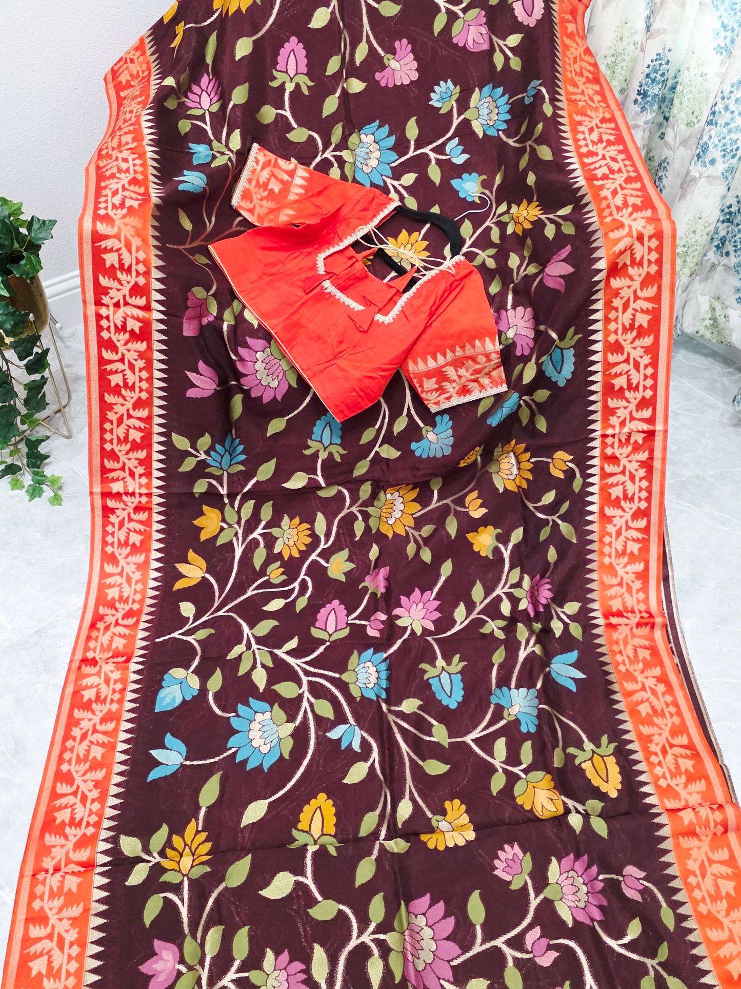 Chocolate Espresso & Rustic Coral Jamdani Weave Maheswari Silk Style Saree with Ready Blouse