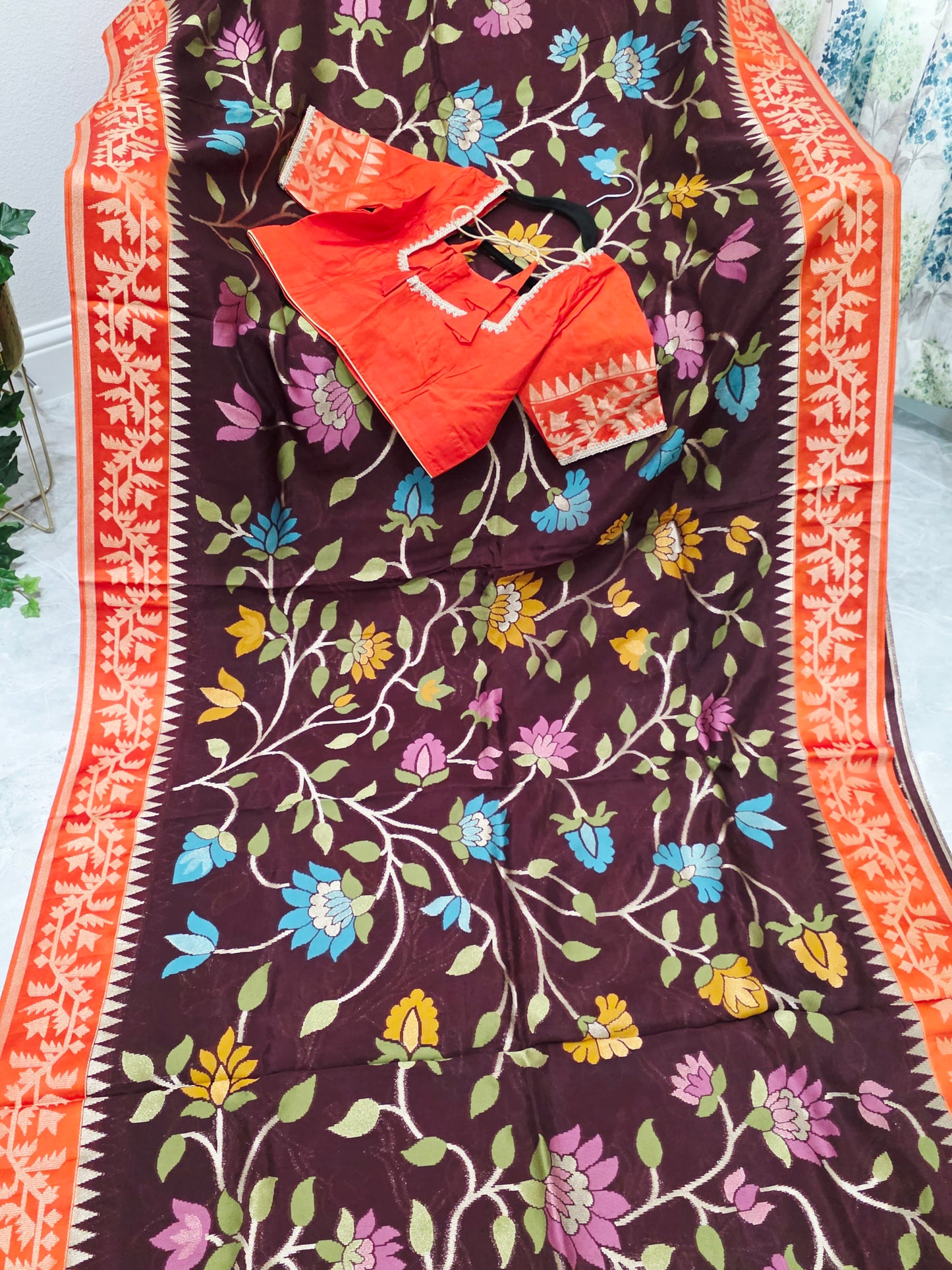 Chocolate Espresso & Rustic Coral Jamdani Weave Maheswari Silk Style Saree with Ready Blouse