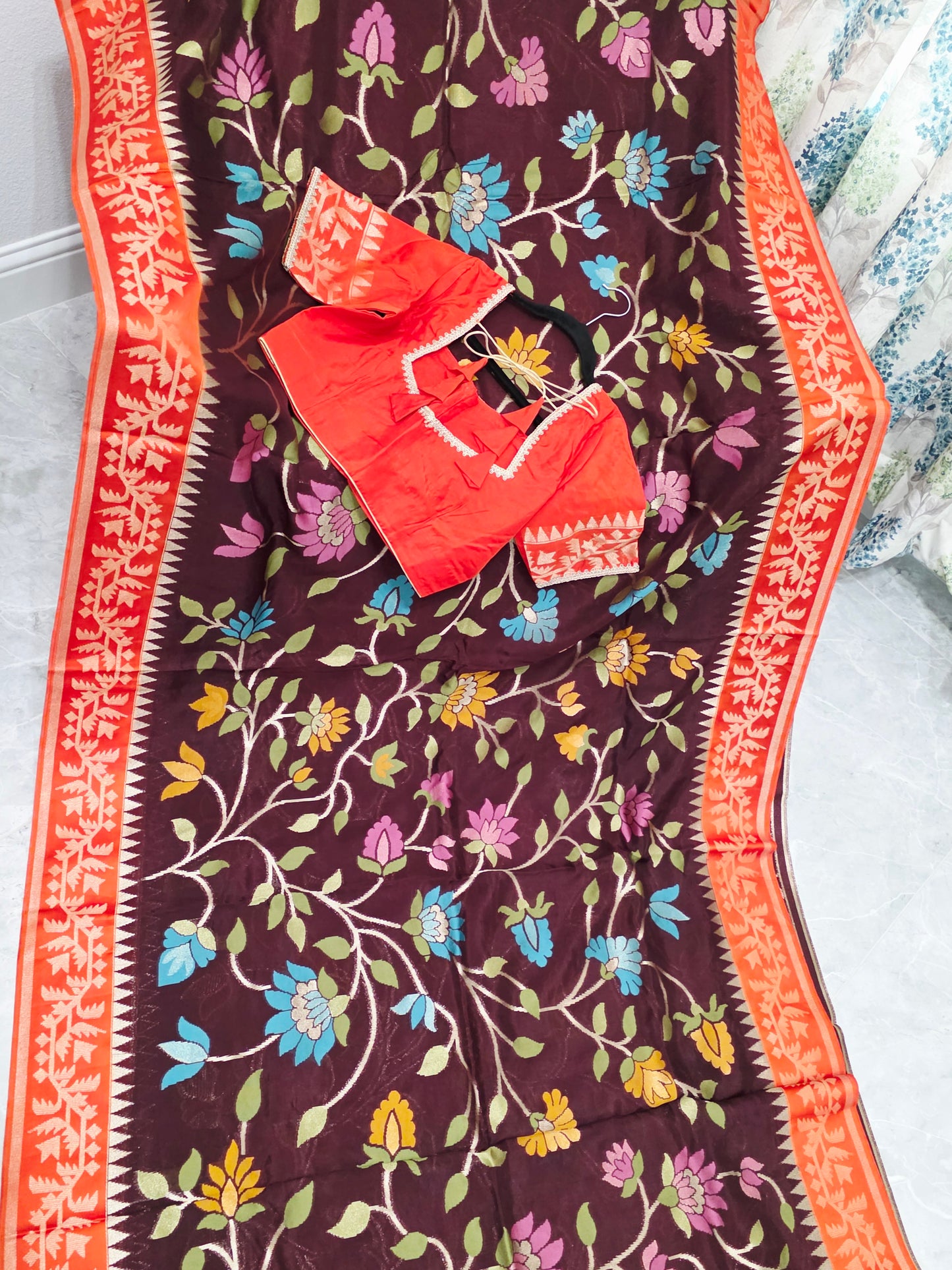 Chocolate Espresso & Rustic Coral Jamdani Weave Maheswari Silk Style Saree with Ready Blouse