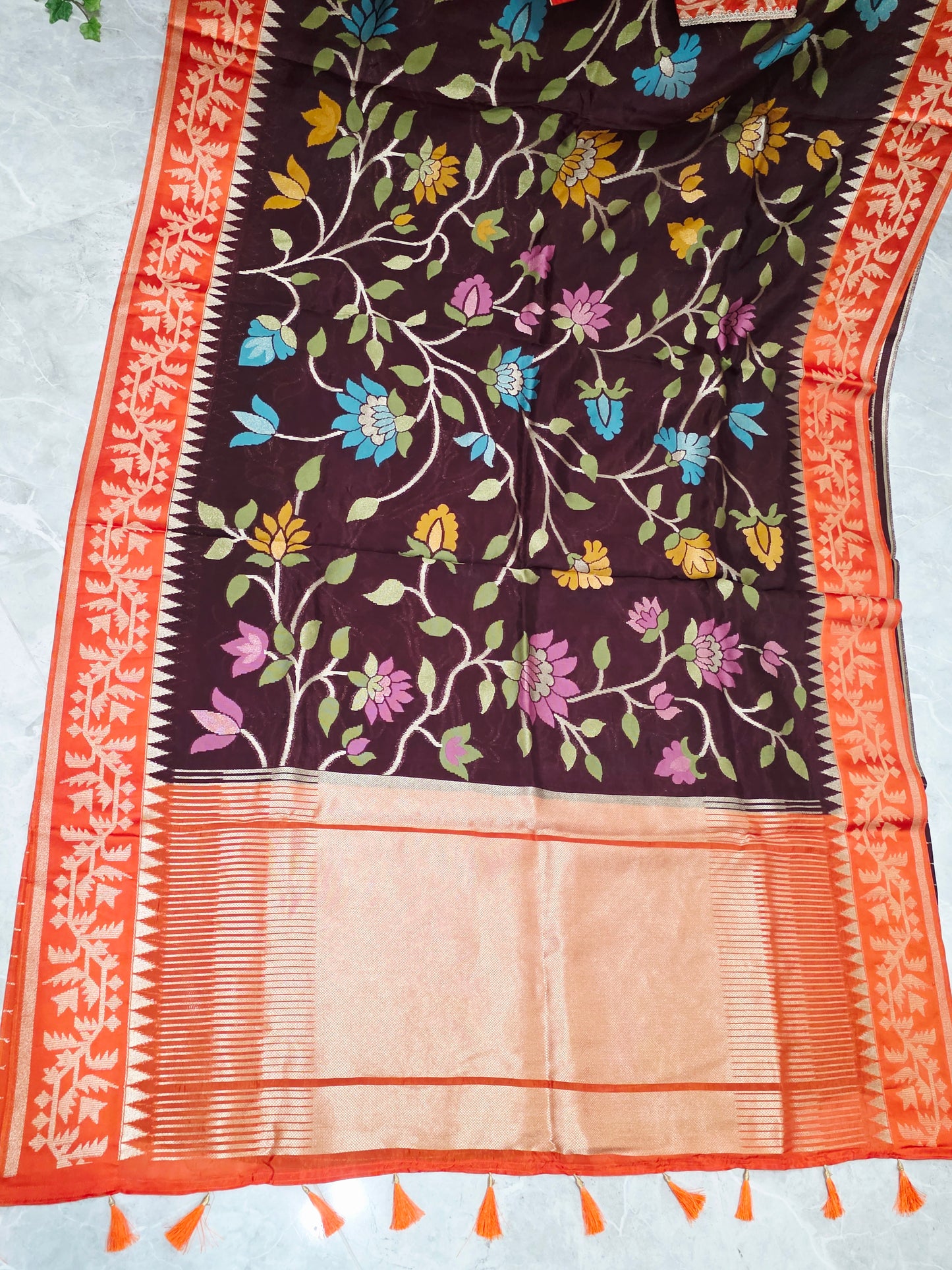 Chocolate Espresso & Rustic Coral Jamdani Weave Maheswari Silk Style Saree with Ready Blouse
