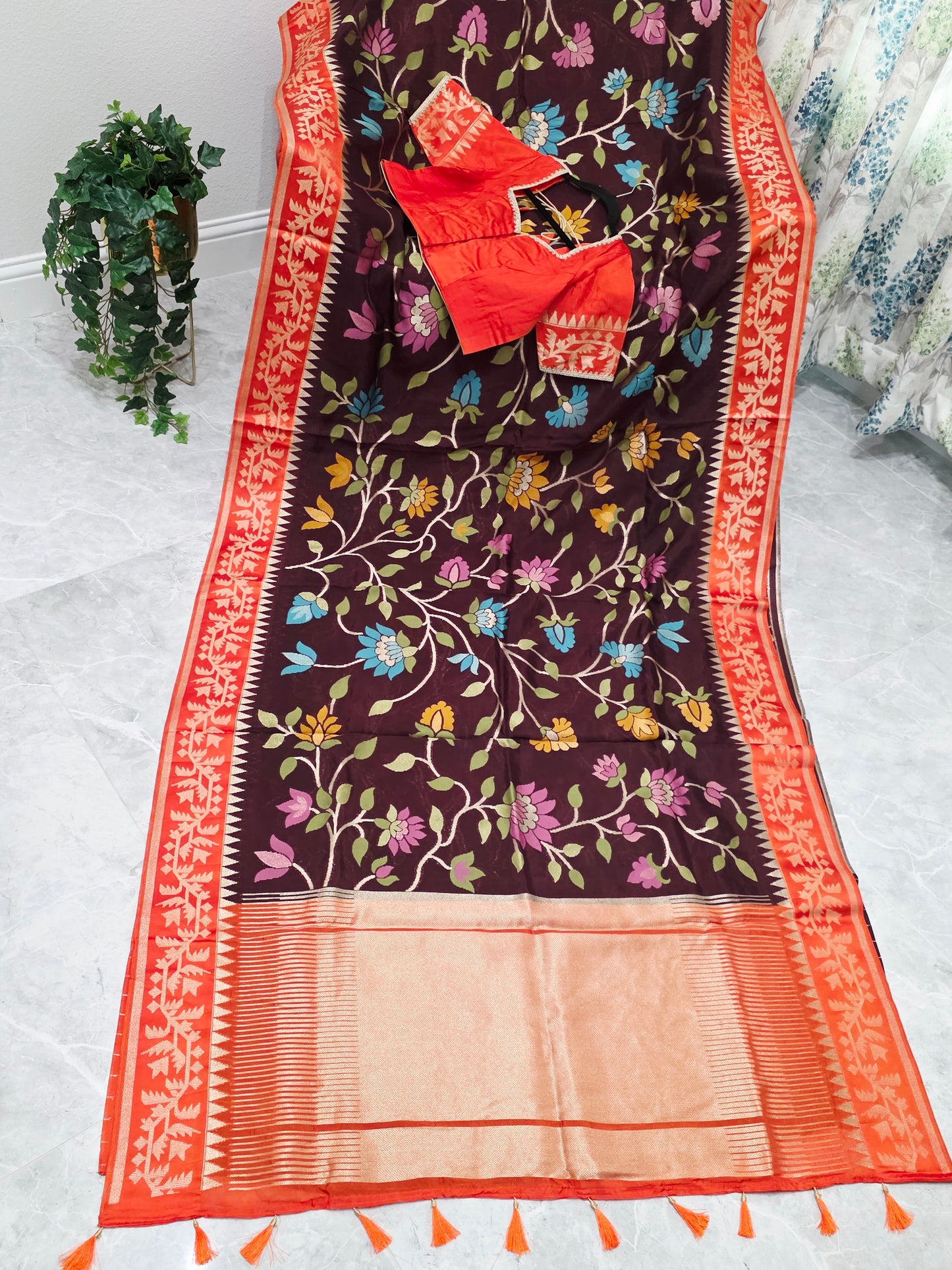 Chocolate Espresso & Rustic Coral Jamdani Weave Maheswari Silk Style Saree with Ready Blouse