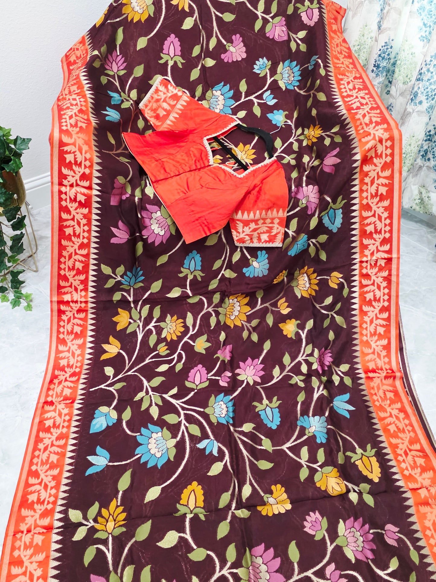 Chocolate Espresso & Rustic Coral Jamdani Weave Maheswari Silk Style Saree with Ready Blouse