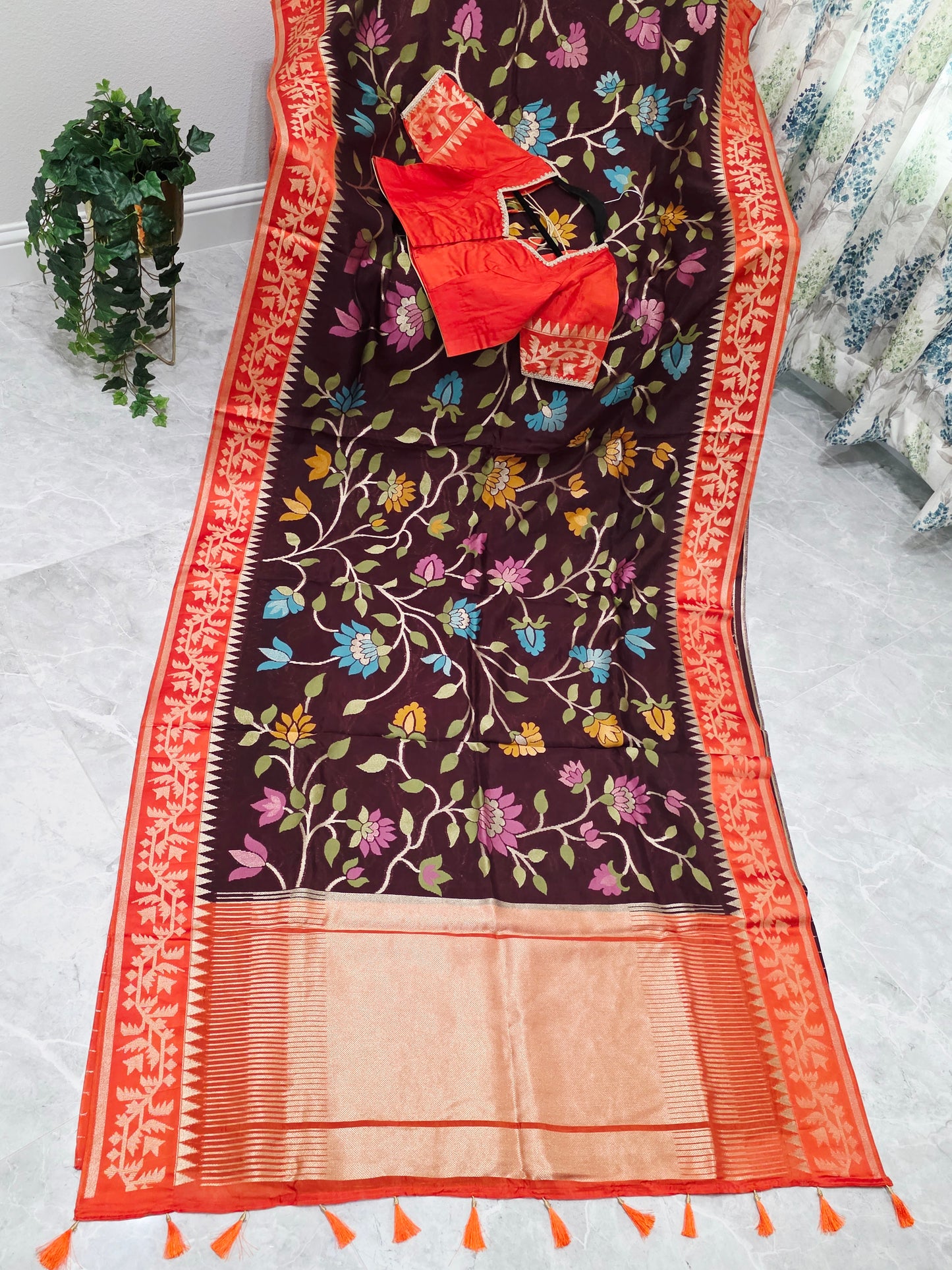 Chocolate Espresso & Rustic Coral Jamdani Weave Maheswari Silk Style Saree with Ready Blouse