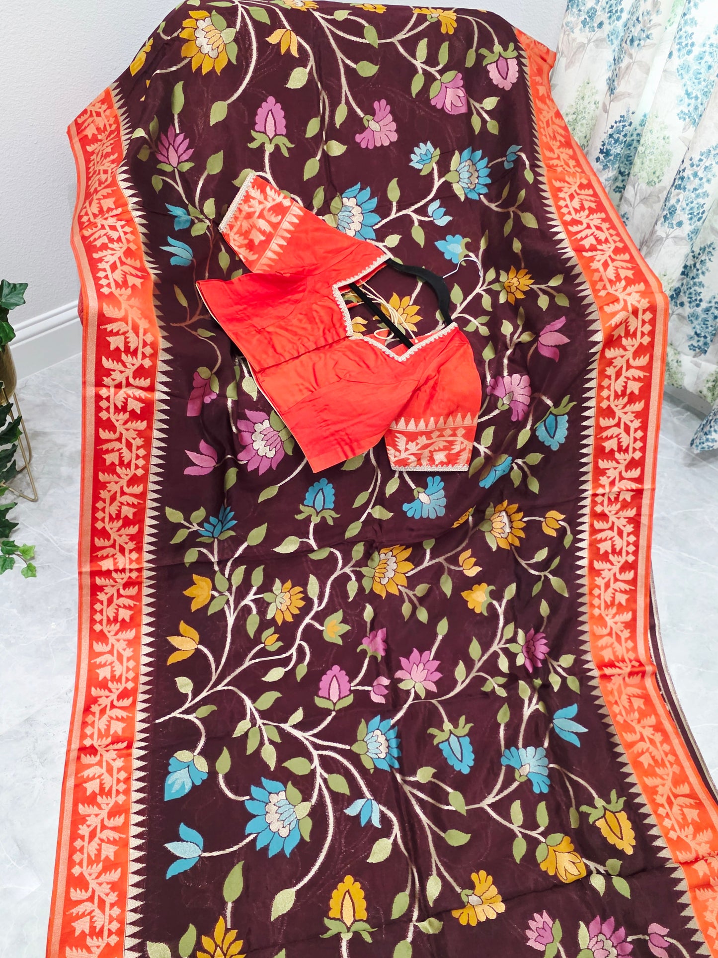 Chocolate Espresso & Rustic Coral Jamdani Weave Maheswari Silk Style Saree with Ready Blouse