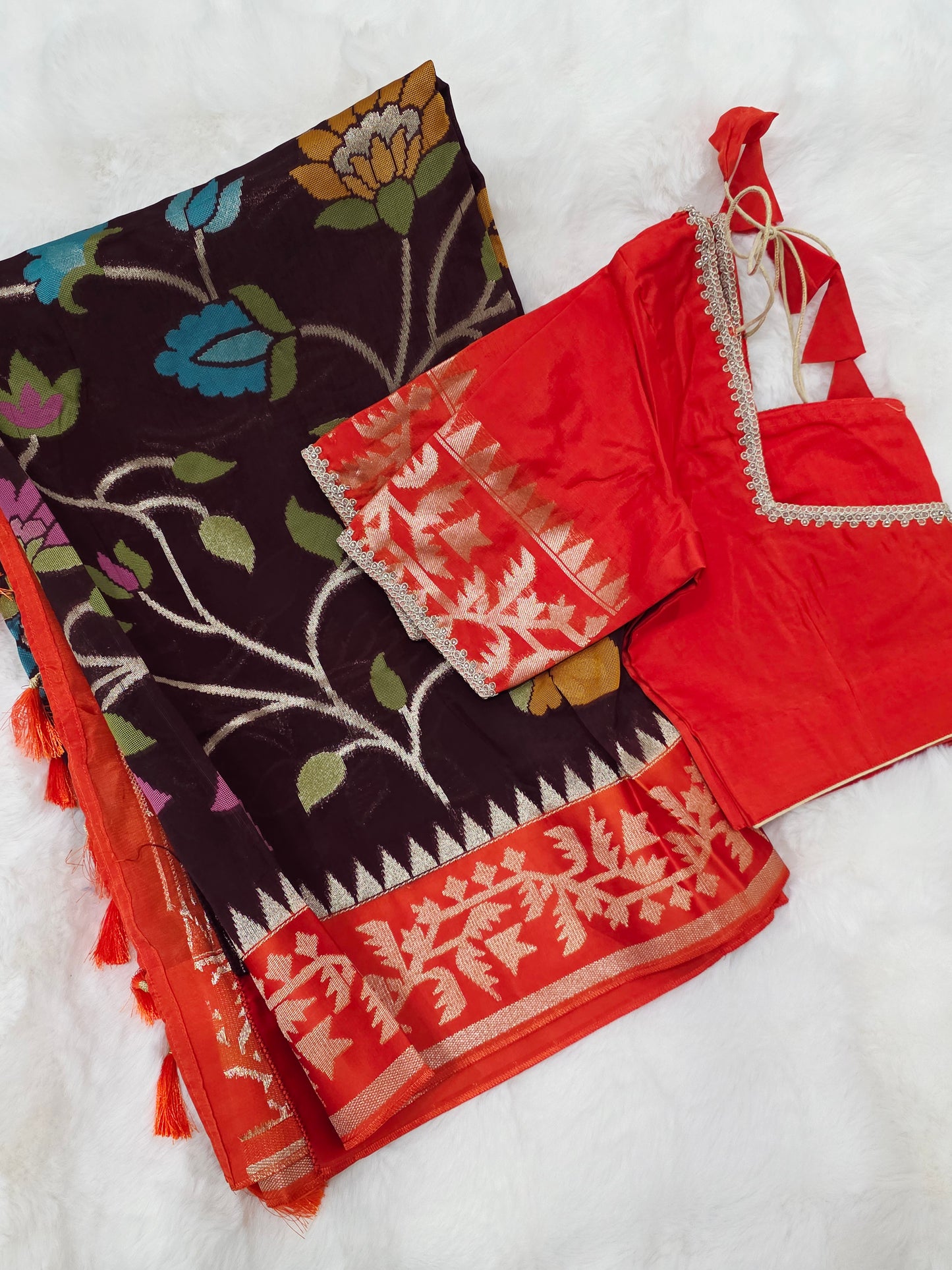Chocolate Espresso & Rustic Coral Jamdani Weave Maheswari Silk Style Saree with Ready Blouse