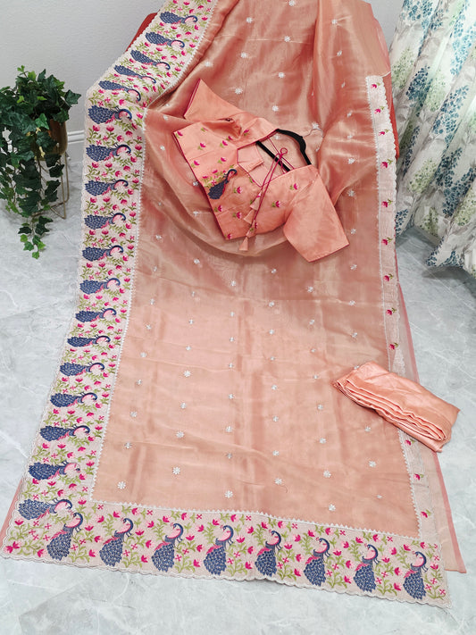 Peach Coral Tissue Saree with Peacock Embroidered Border, Stitched Blouse & Satin Petticoat