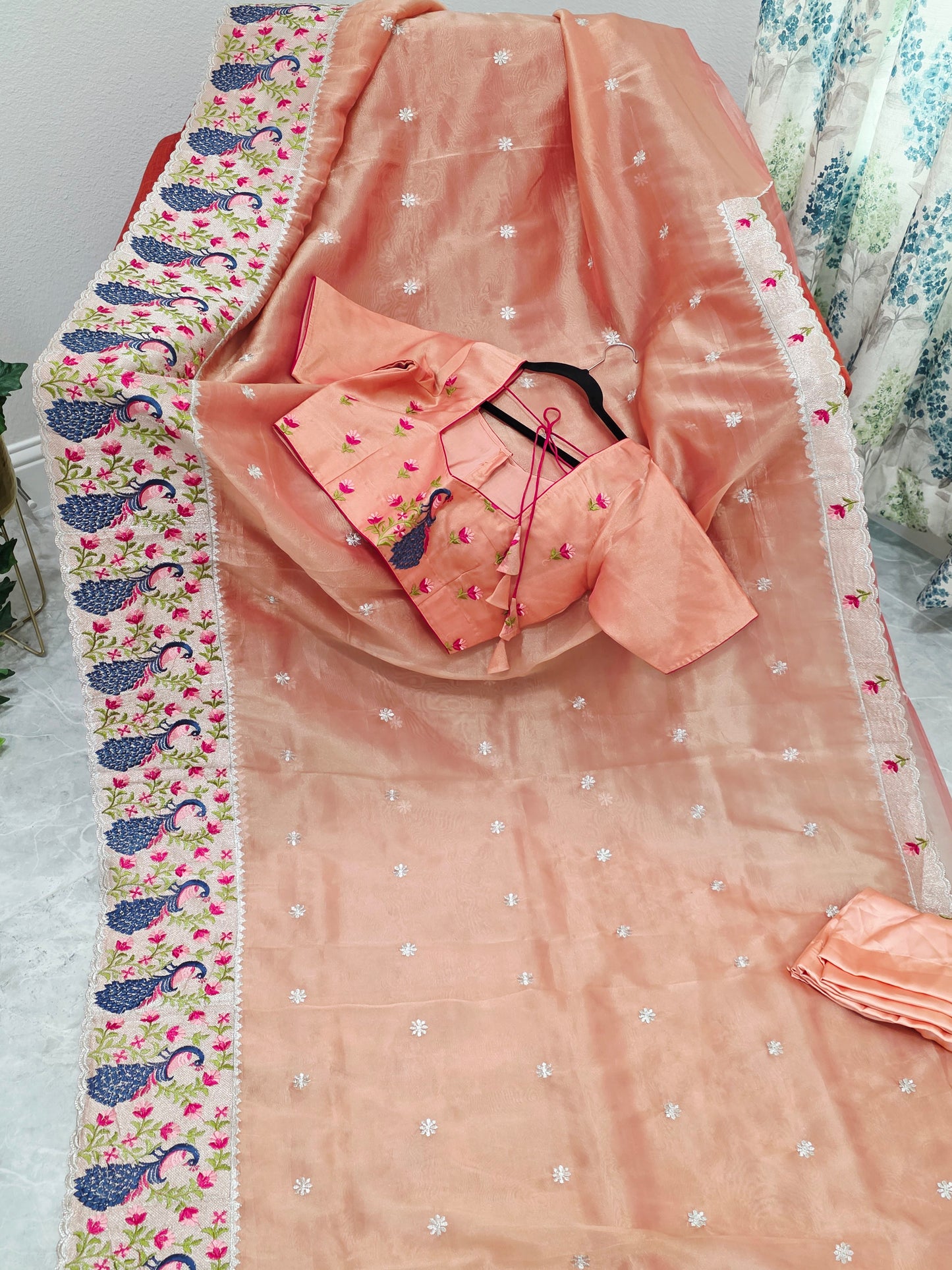 Peach Coral Tissue Saree with Peacock Embroidered Border, Stitched Blouse & Satin Petticoat