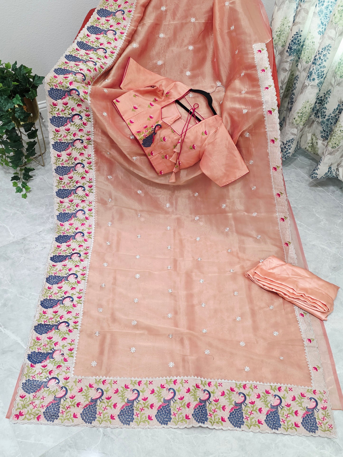 Peach Coral Tissue Saree with Peacock Embroidered Border, Stitched Blouse & Satin Petticoat