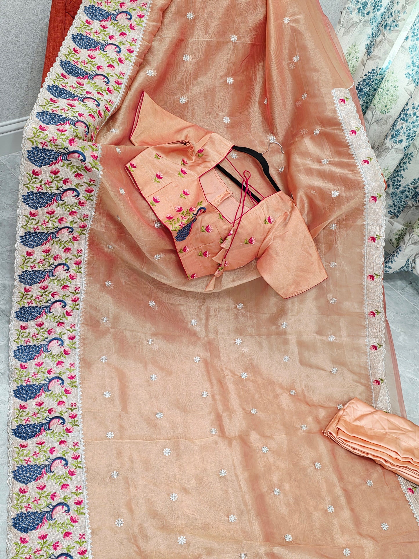Peach Coral Tissue Saree with Peacock Embroidered Border, Stitched Blouse & Satin Petticoat