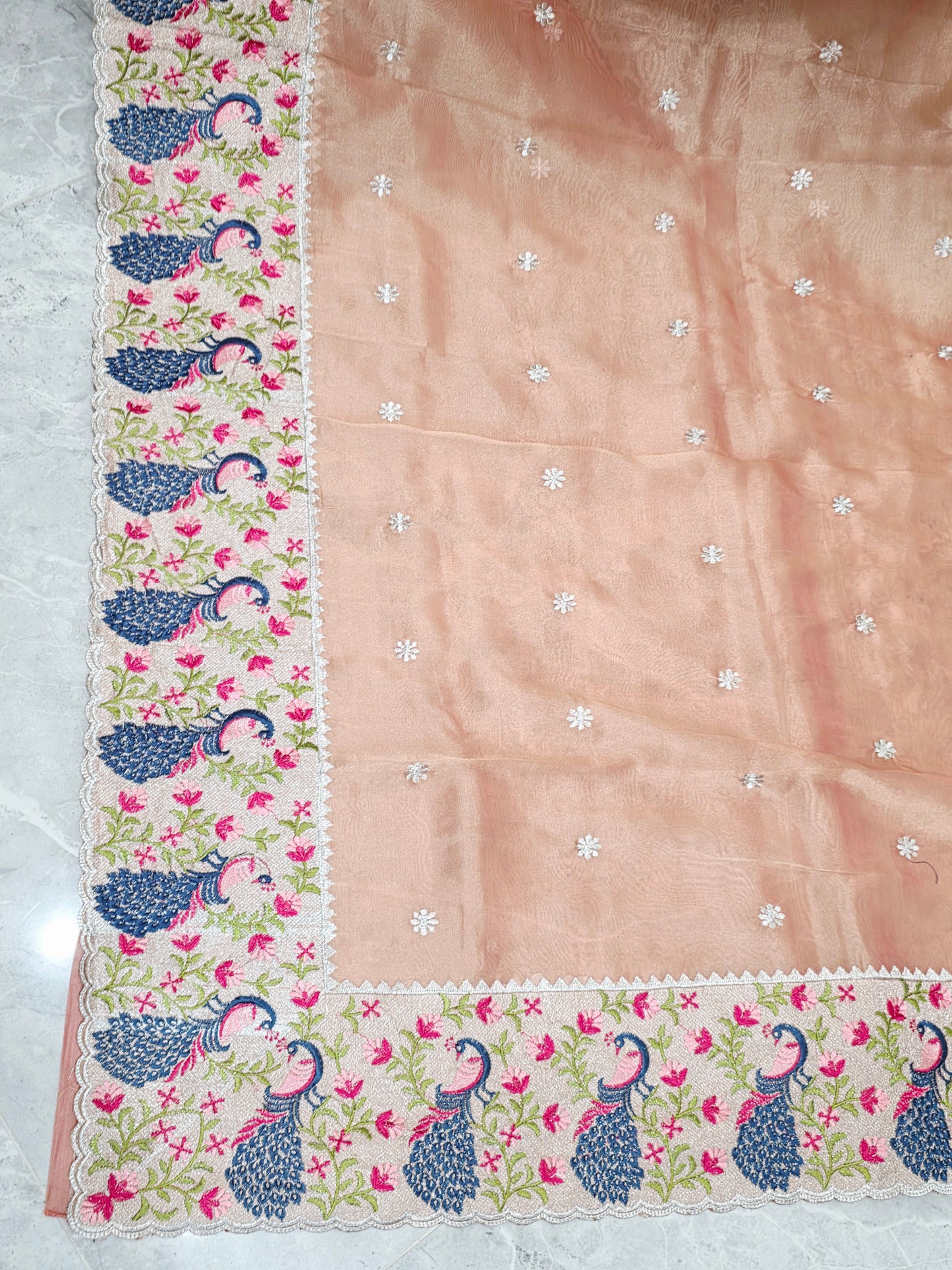Peach Coral Tissue Saree with Peacock Embroidered Border, Stitched Blouse & Satin Petticoat