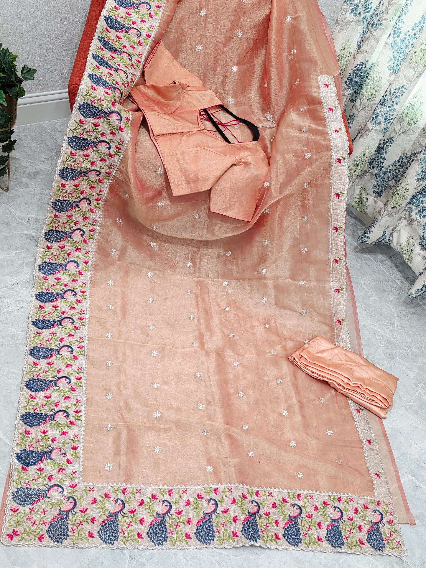 Peach Coral Tissue Saree with Peacock Embroidered Border, Stitched Blouse & Satin Petticoat