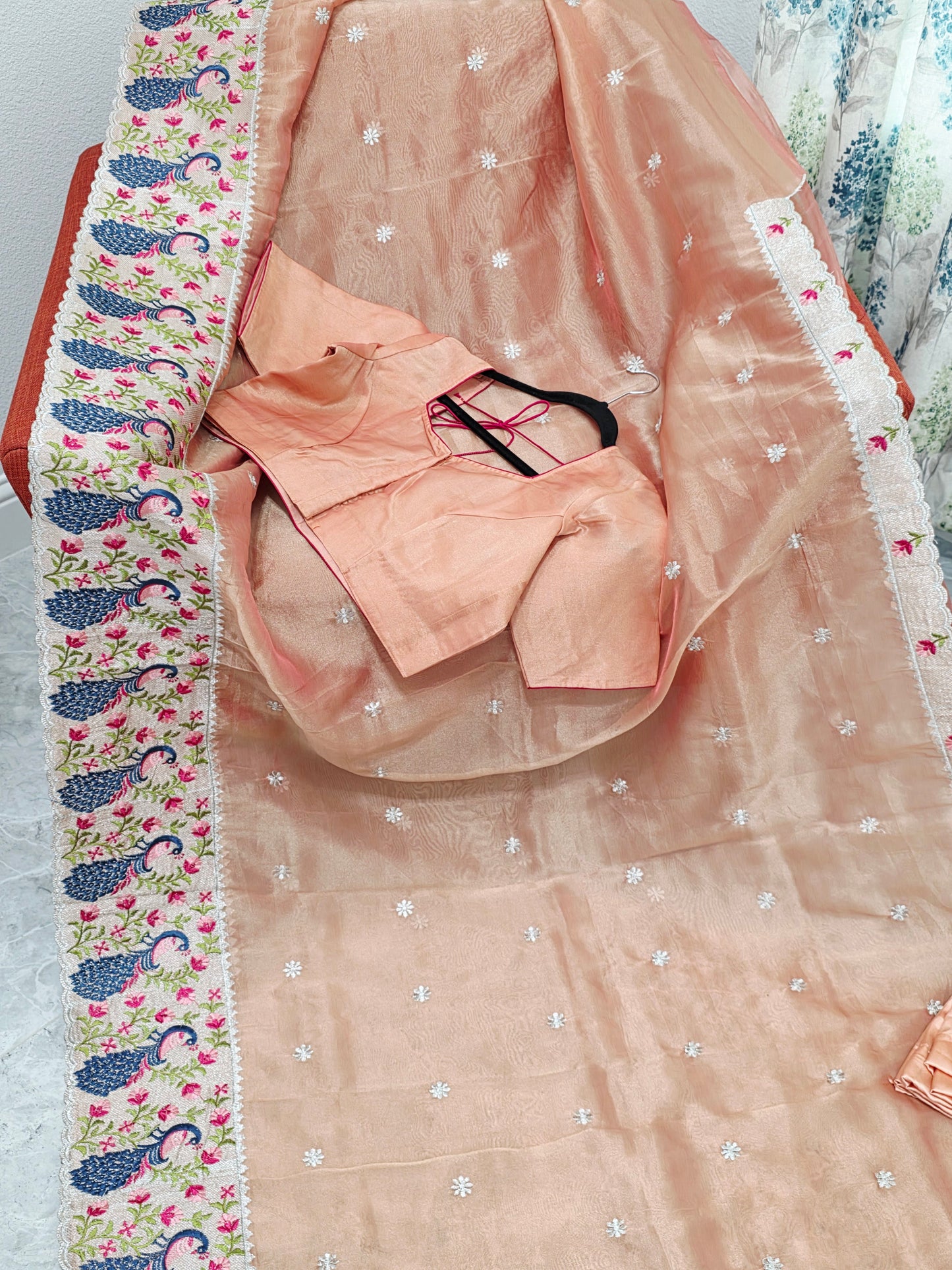 Peach Coral Tissue Saree with Peacock Embroidered Border, Stitched Blouse & Satin Petticoat