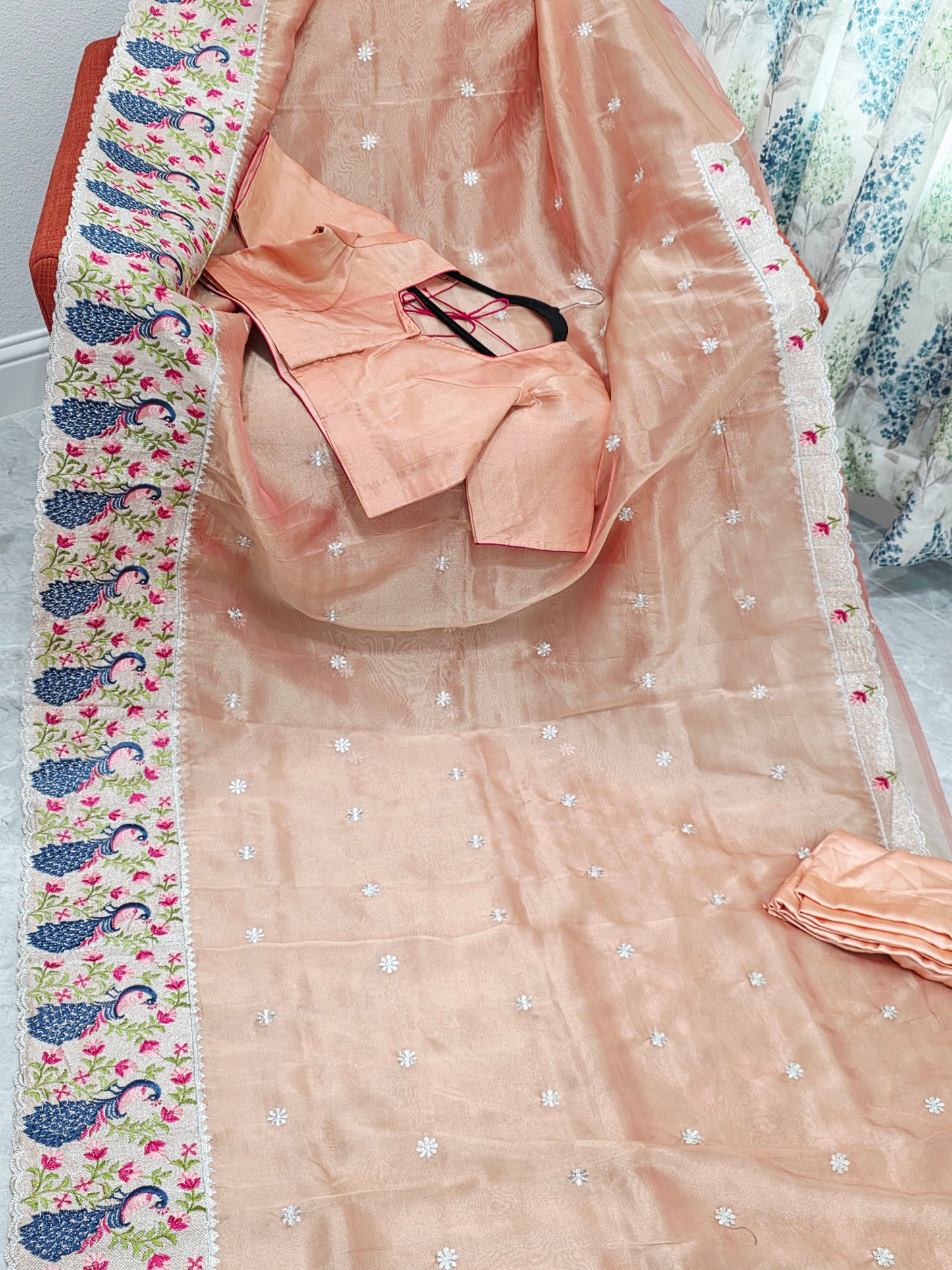Peach Coral Tissue Saree with Peacock Embroidered Border, Stitched Blouse & Satin Petticoat