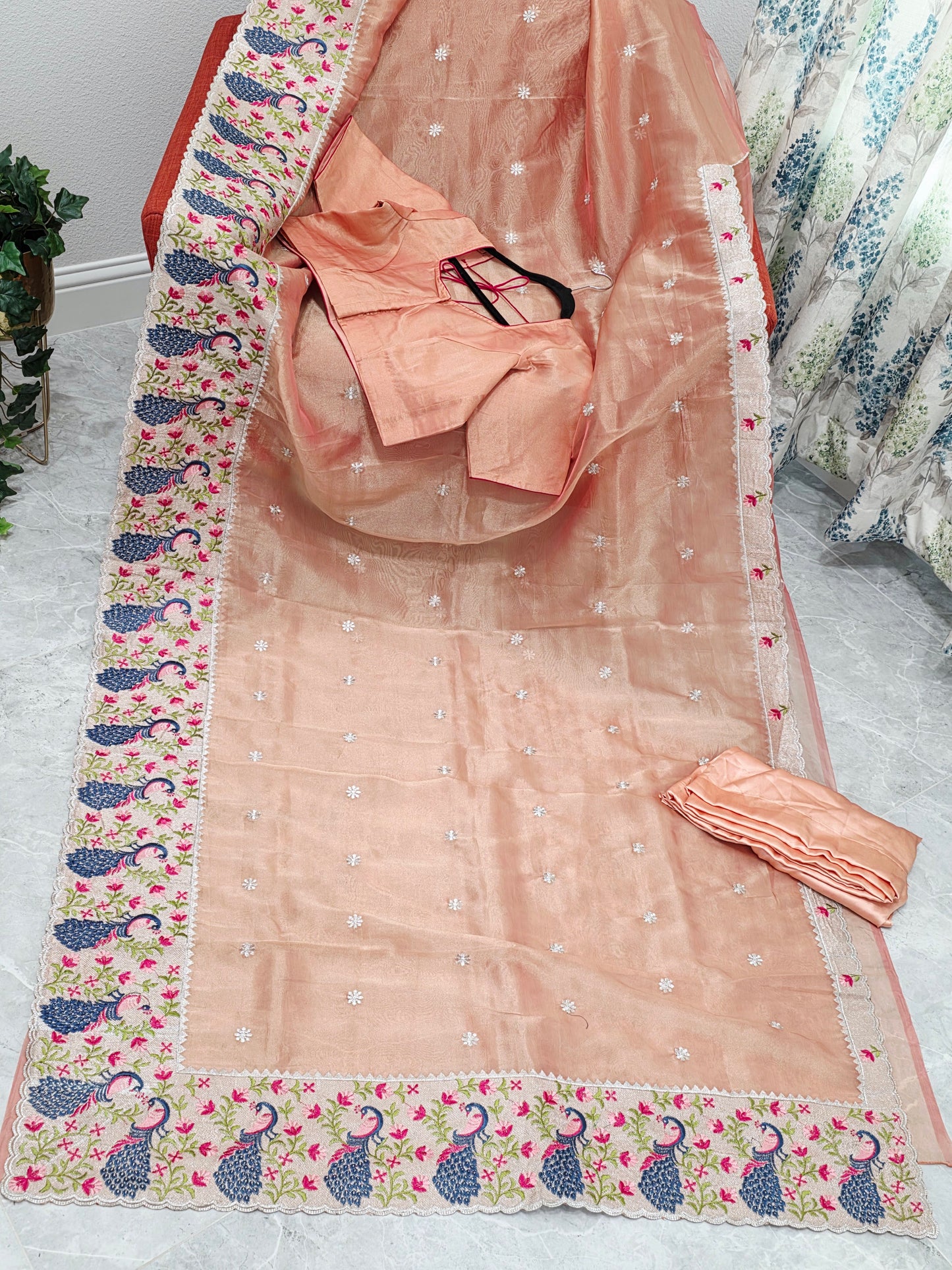 Peach Coral Tissue Saree with Peacock Embroidered Border, Stitched Blouse & Satin Petticoat