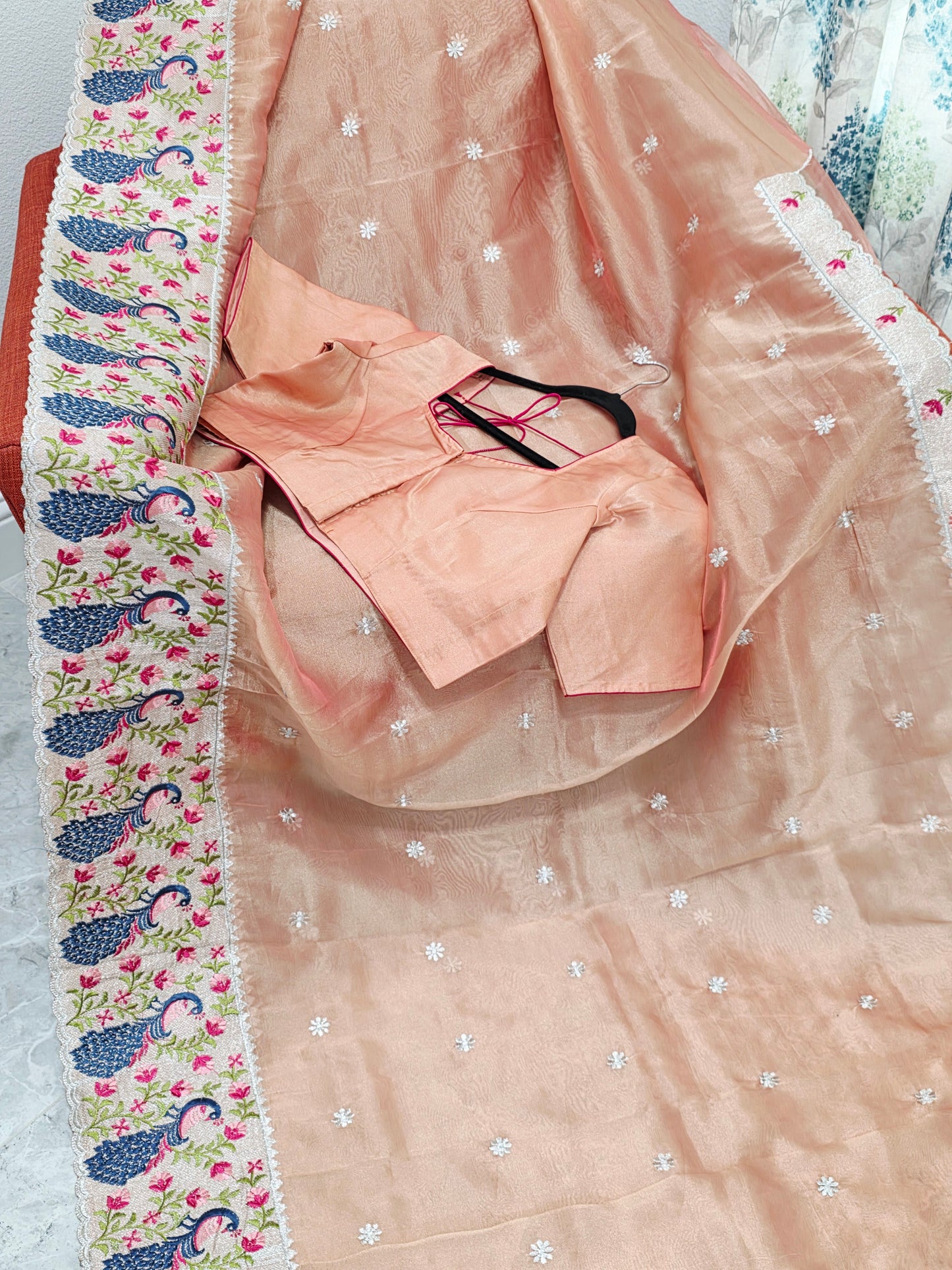 Peach Coral Tissue Saree with Peacock Embroidered Border, Stitched Blouse & Satin Petticoat