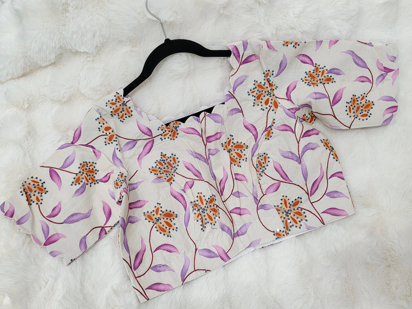 Ivory Pearl Mul Cotton Floral Print & Embroidery Designer Blouse