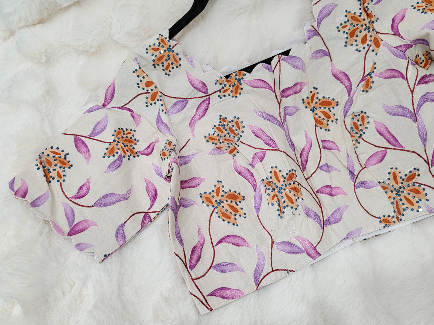 Ivory Pearl Mul Cotton Floral Print & Embroidery Designer Blouse