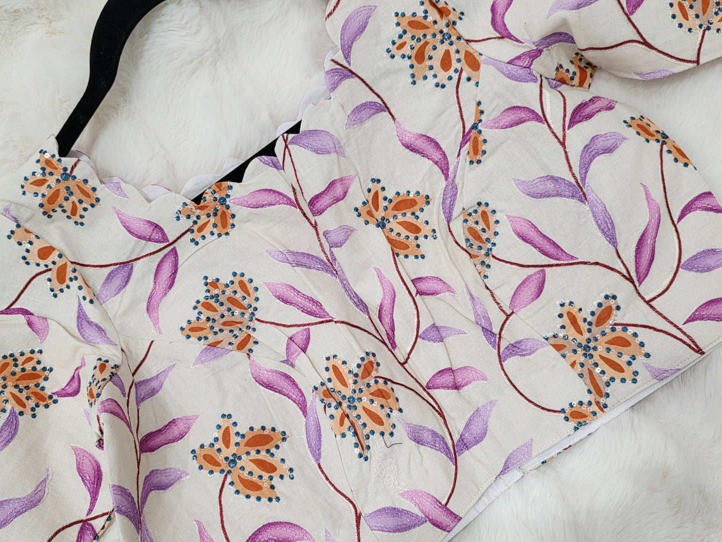 Ivory Pearl Mul Cotton Floral Print & Embroidery Designer Blouse