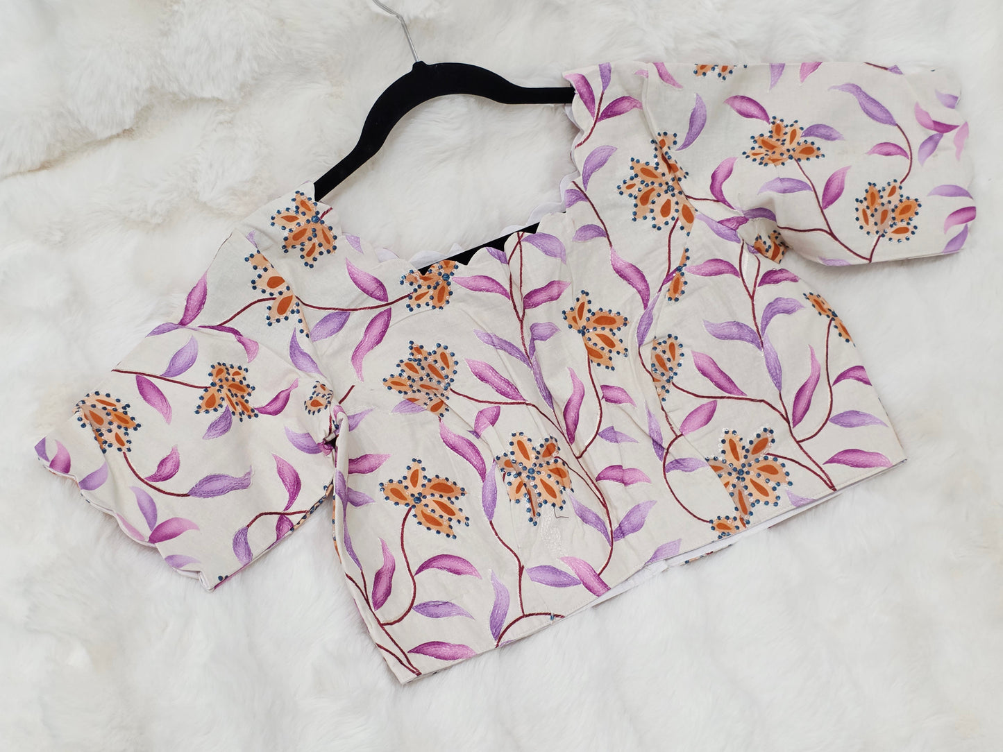 Ivory Pearl Mul Cotton Floral Print & Embroidery Designer Blouse