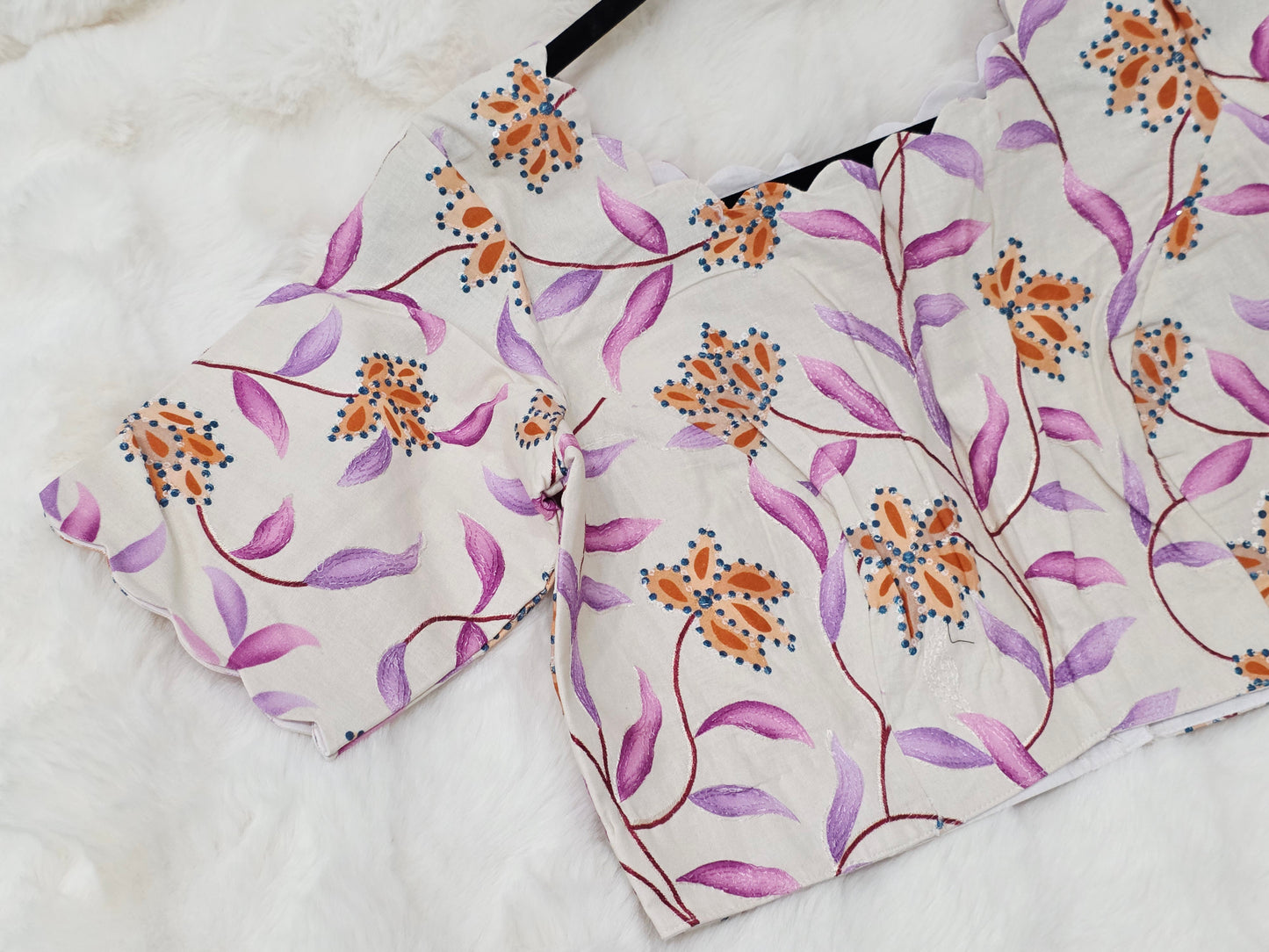 Ivory Pearl Mul Cotton Floral Print & Embroidery Designer Blouse