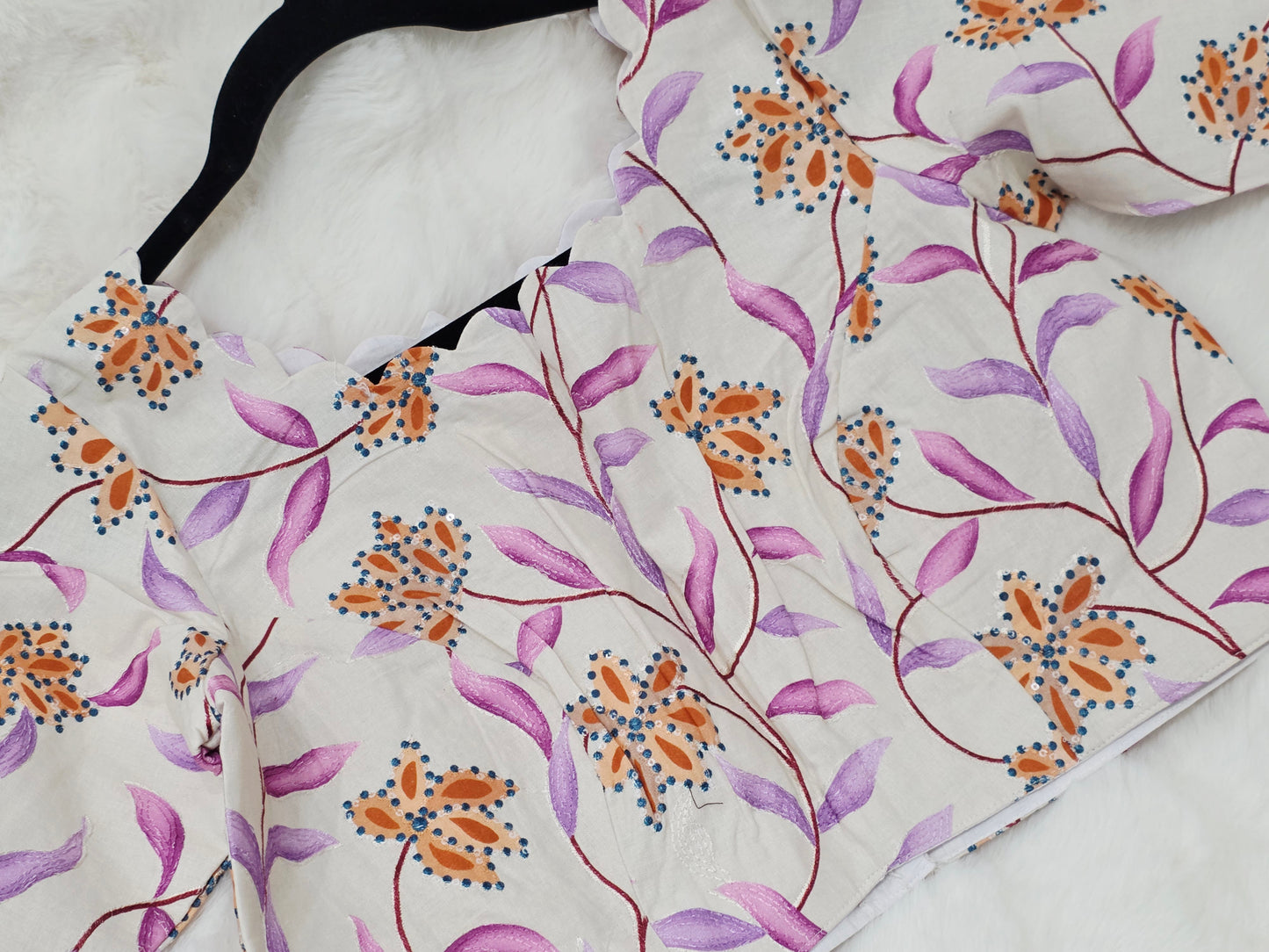 Ivory Pearl Mul Cotton Floral Print & Embroidery Designer Blouse