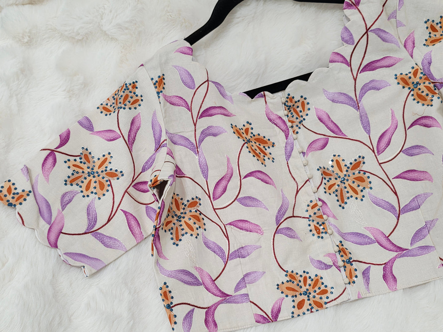 Ivory Pearl Mul Cotton Floral Print & Embroidery Designer Blouse