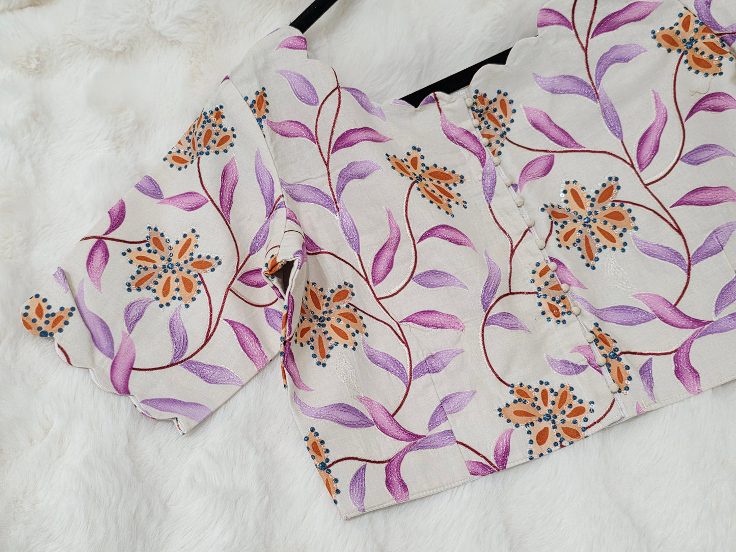 Ivory Pearl Mul Cotton Floral Print & Embroidery Designer Blouse