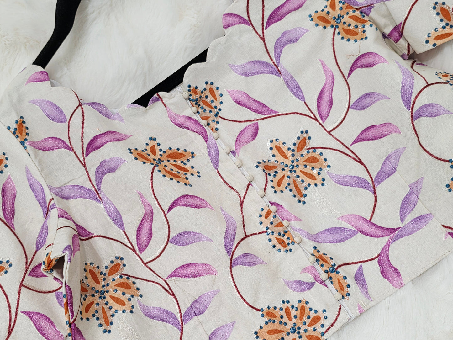 Ivory Pearl Mul Cotton Floral Print & Embroidery Designer Blouse